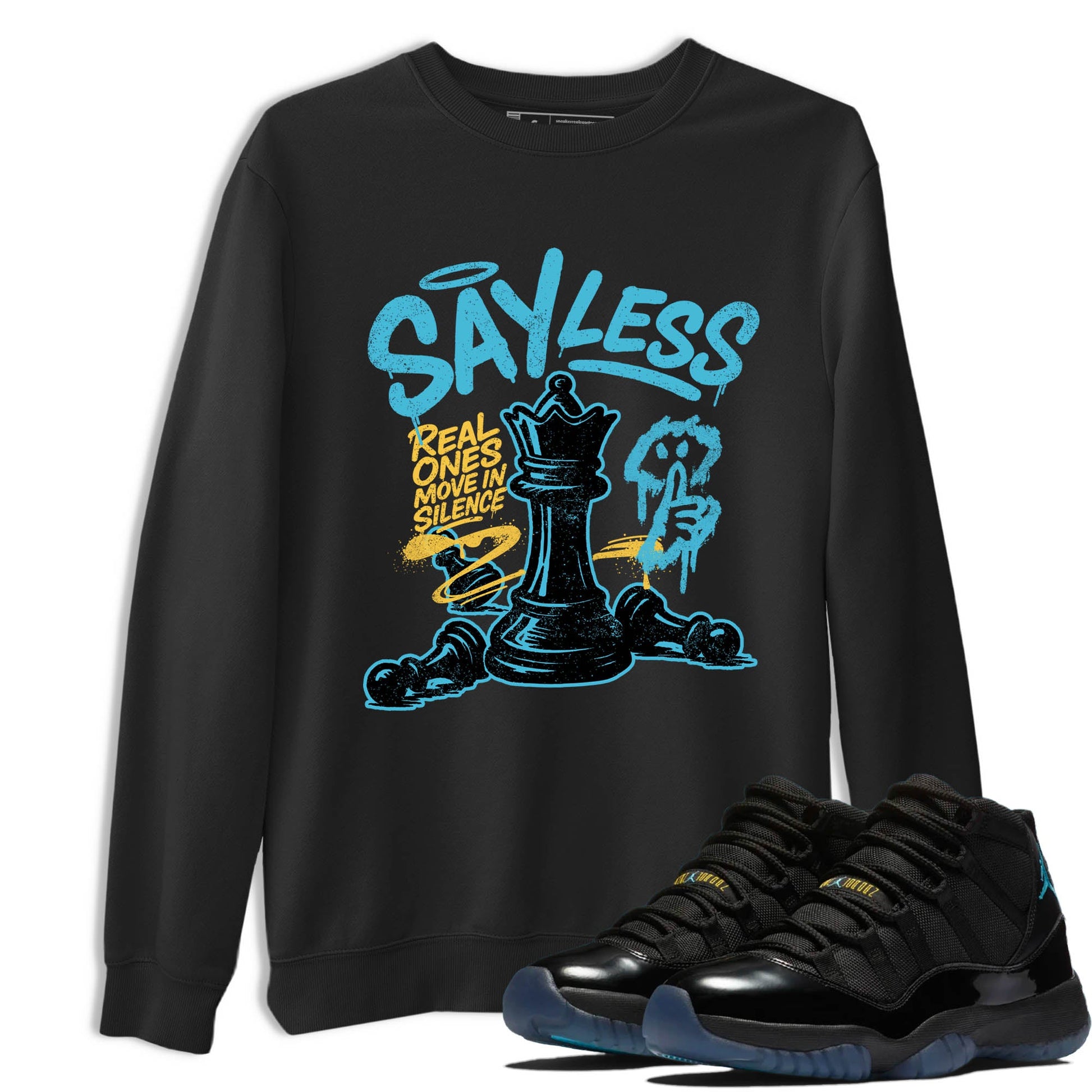Sneaker Threads – Sneaker Tees To Match Air Jordan 11 Retro Gamma – Say Less Graphic Tee Black 1. Perfect for Jordan releases 2025 colorways.
