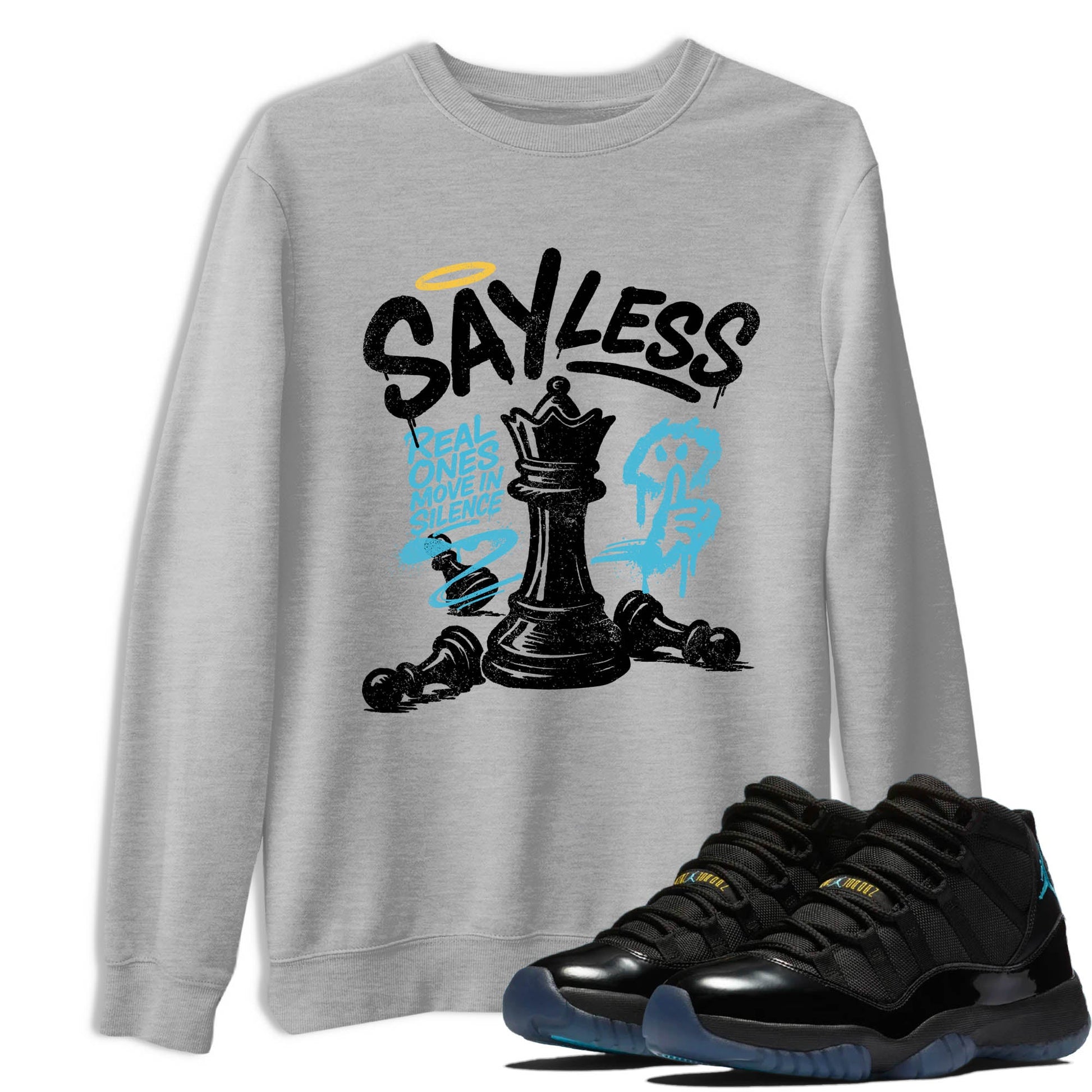 Sneaker Threads – Sneaker Tees To Match Air Jordan 11 Retro Gamma – Say Less Graphic Tee Heather Grey 1. Perfect for Jordan releases 2025 colorways.