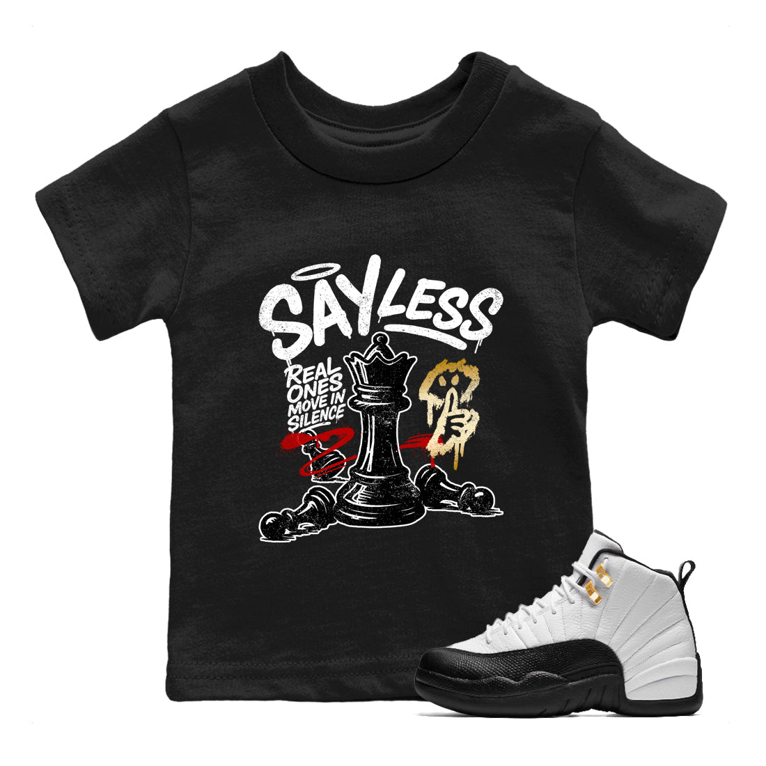 Sneaker match tees – Sneaker Tees To Match Air Jordan 12 Taxi Shoes – Say Less Kids T-Shirt Black 1