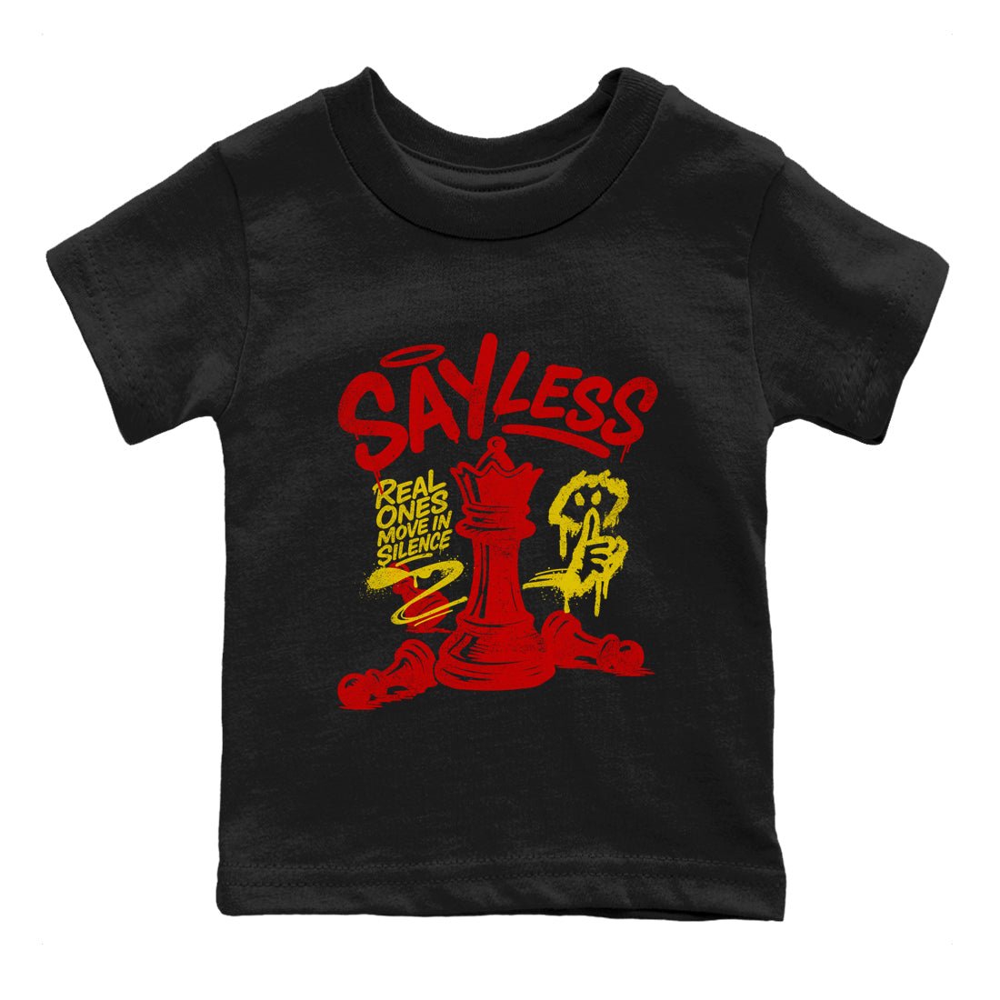 Say Less baby and kids t-shirt crafted for little sneakerheads to shine with the Air Jordan 14 Challenge Red sneakers, AJ14 Ferrari, displayed in Black 2.