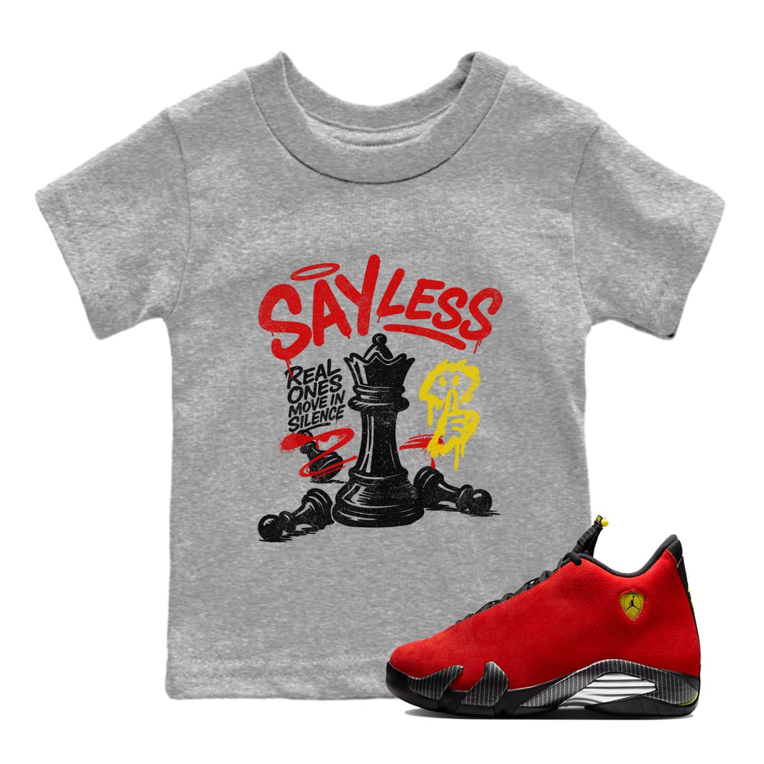 Say Less baby and kids t-shirt crafted for little sneakerheads to shine with the Air Jordan 14 Challenge Red sneakers, AJ14 Ferrari, displayed in Heather Grey 1.