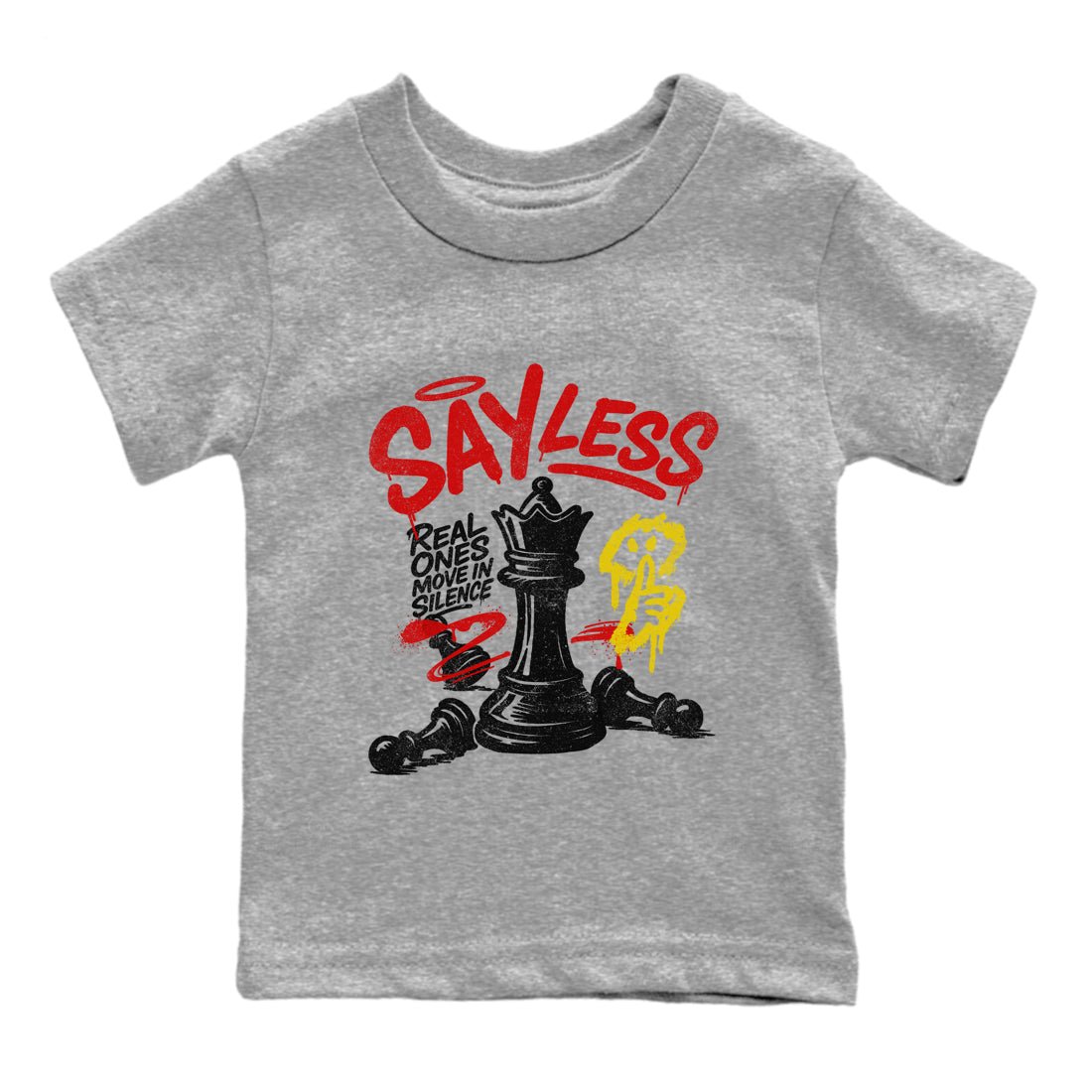 Say Less baby and kids t-shirt crafted for little sneakerheads to shine with the Air Jordan 14 Challenge Red sneakers, AJ14 Ferrari, displayed in Heather Grey 2.