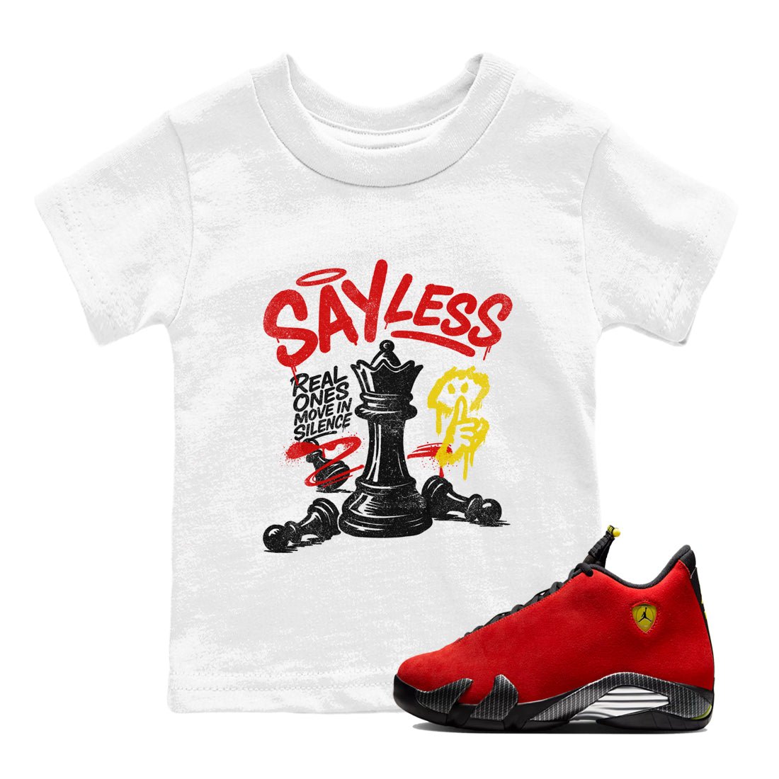Say Less baby and kids t-shirt crafted for little sneakerheads to shine with the Air Jordan 14 Challenge Red sneakers, AJ14 Ferrari, displayed in White 1.
