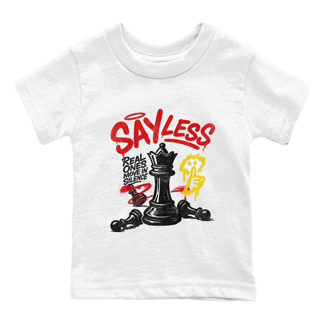 Say Less baby and kids t-shirt crafted for little sneakerheads to shine with the Air Jordan 14 Challenge Red sneakers, AJ14 Ferrari, displayed in White 2.