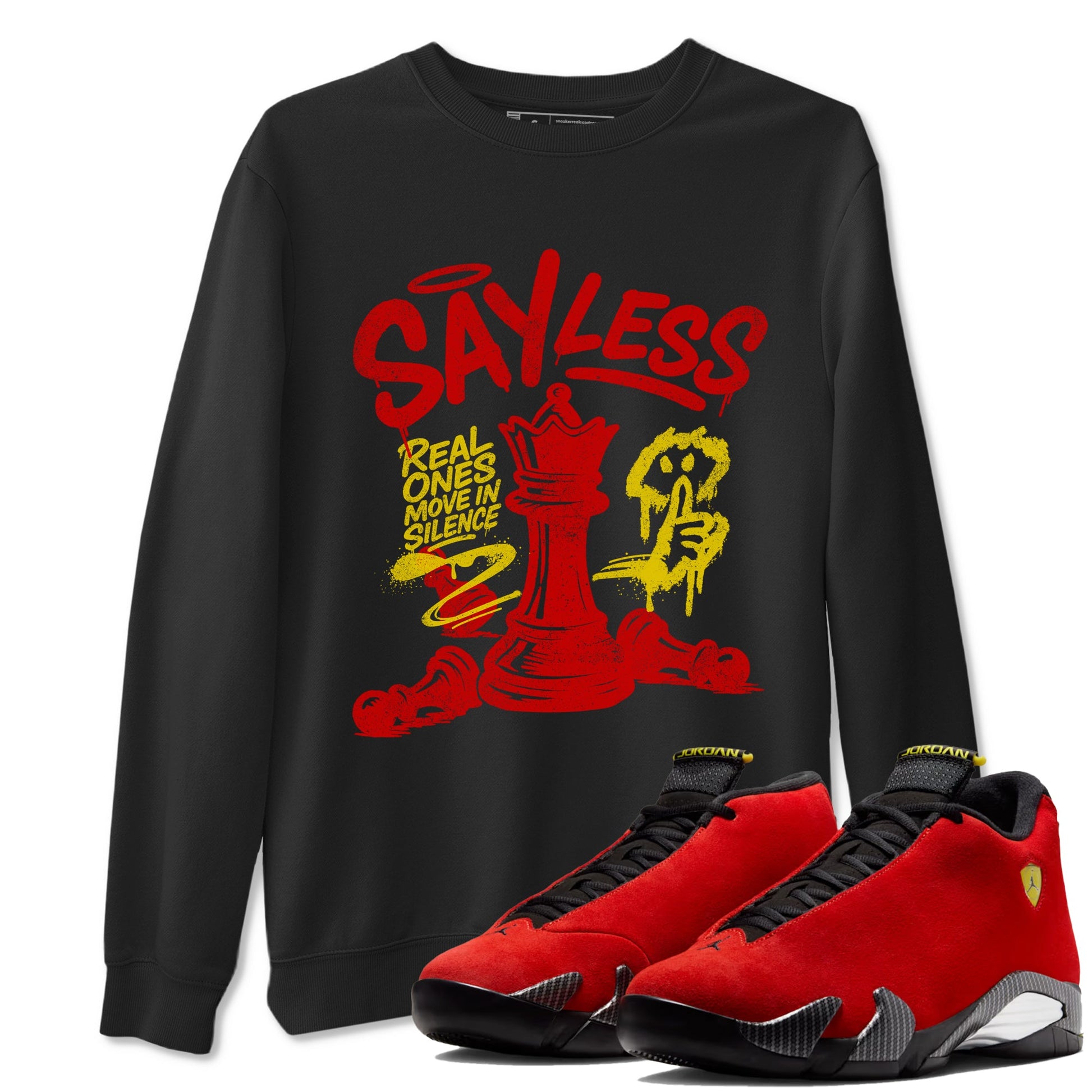 Say Less sneaker match t-shirt styled to complete your fit with the Air Jordan 14 Challenge Red sneakers, AJ14 Ferrari, shown in Black 1.