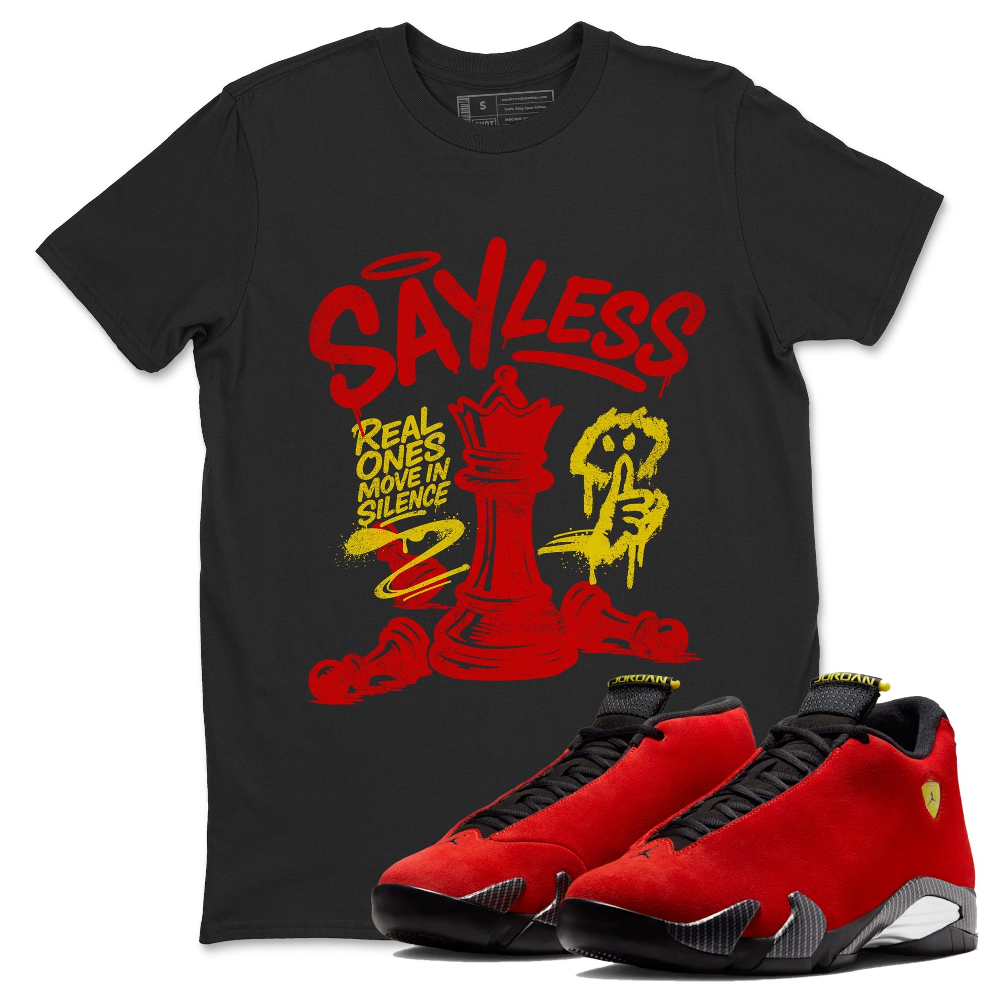 Say Less sneaker match t-shirt styled to complete your fit with the Air Jordan 14 Challenge Red sneakers, AJ14 Ferrari, shown in Black 1.