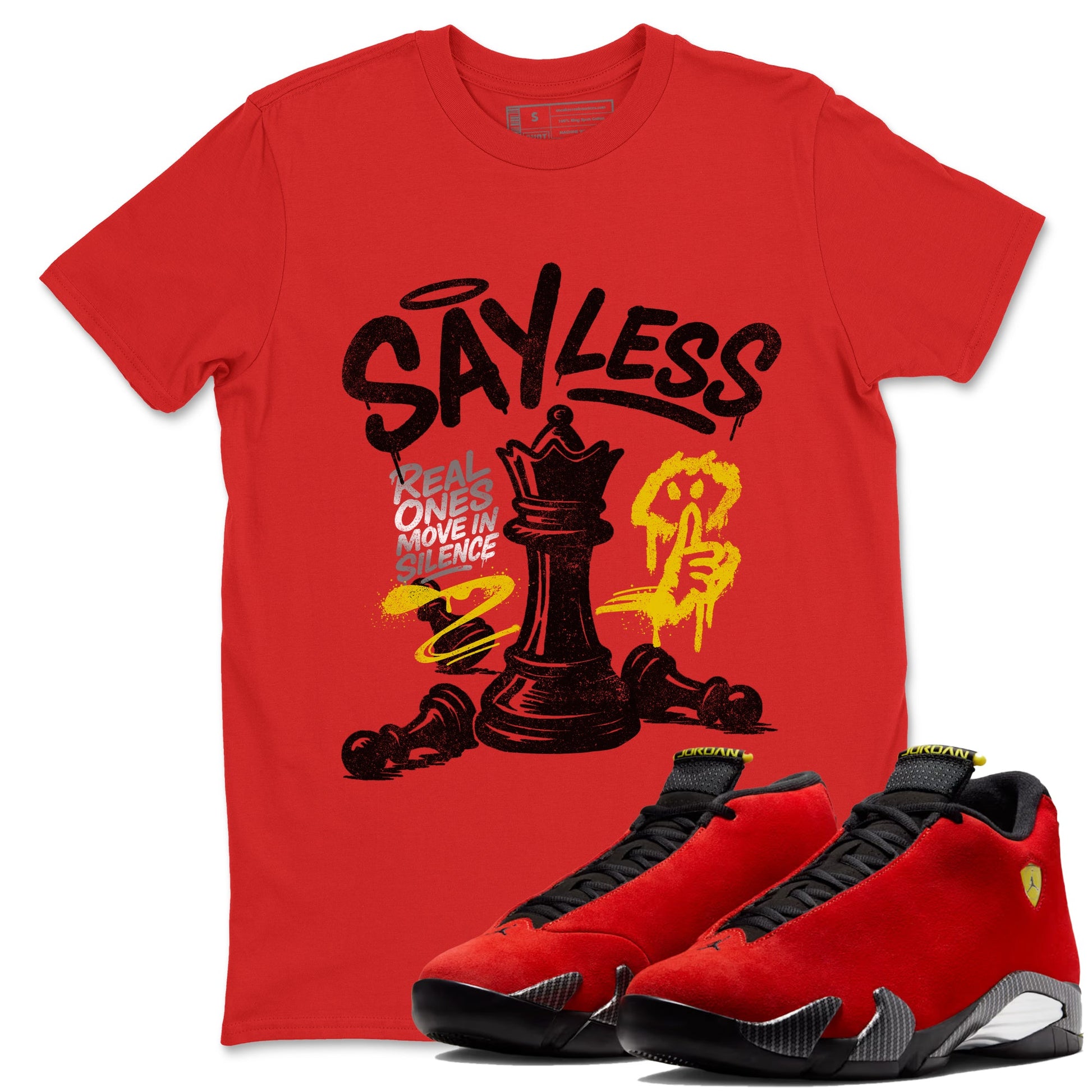 Say Less sneaker match t-shirt styled to complete your fit with the Air Jordan 14 Challenge Red sneakers, AJ14 Ferrari, shown in Red 1.