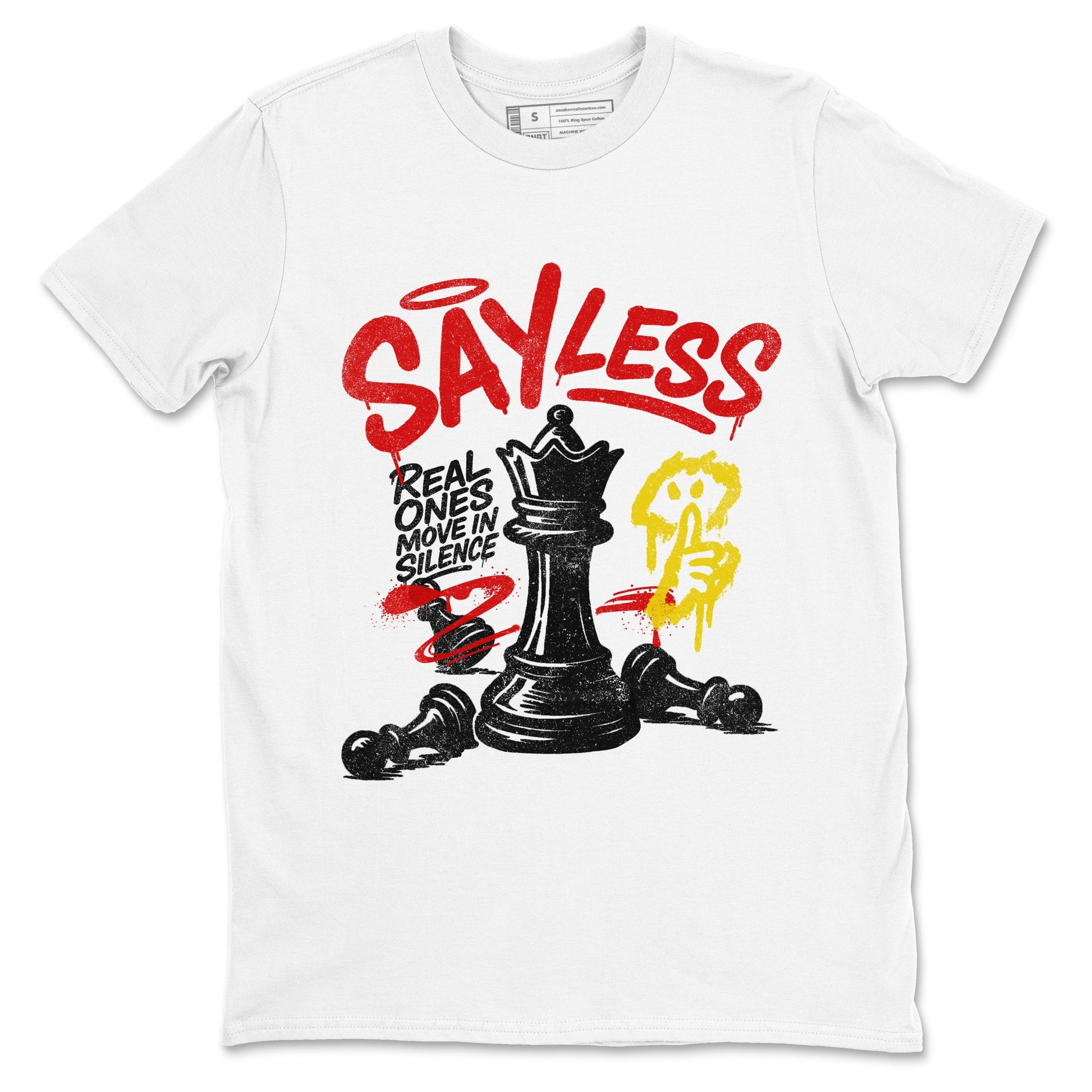 Say Less sneaker match t-shirt styled to complete your fit with the Air Jordan 14 Challenge Red sneakers, AJ14 Ferrari, shown in White 2.