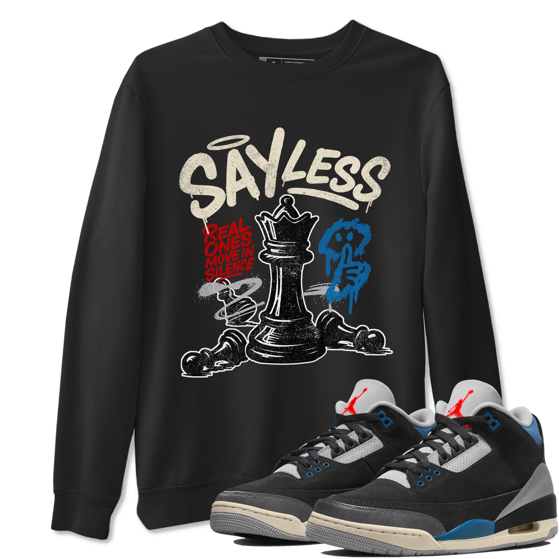 Say Less sneaker match t-shirt styled to complete your fit with the Air Jordan 3 Rare Air sneakers, shown in Black 1.