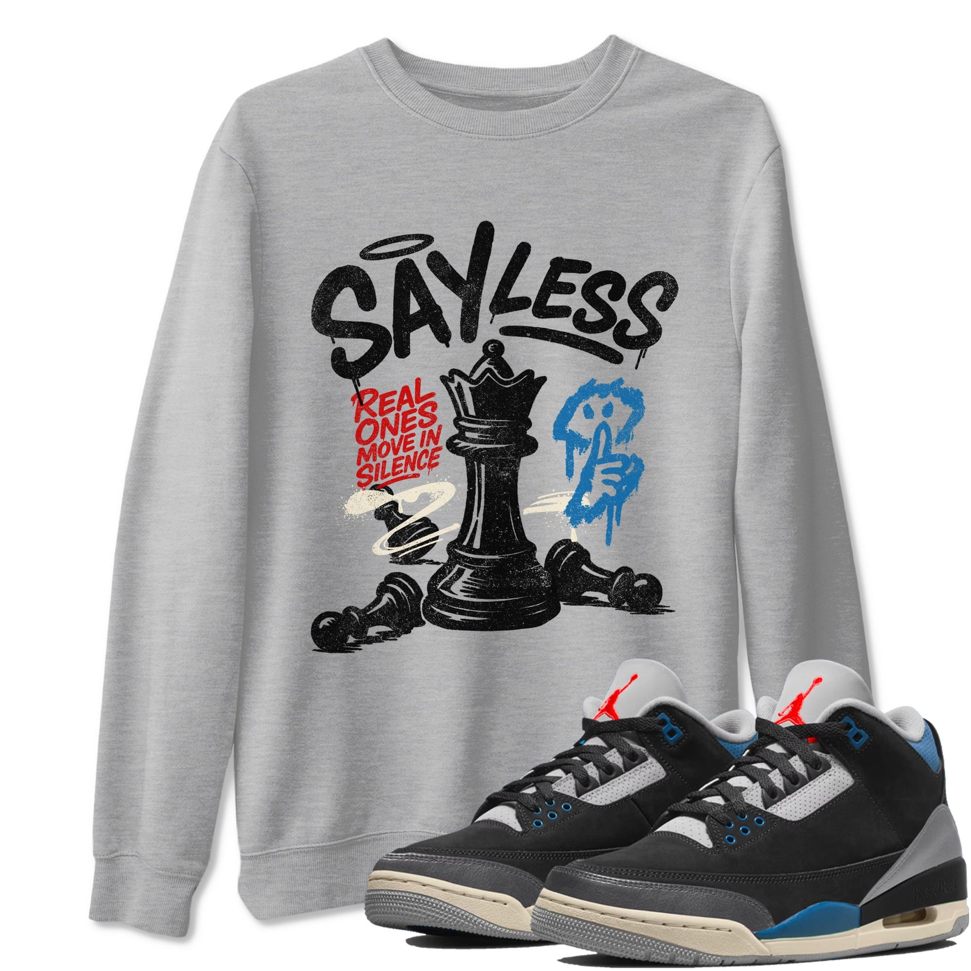 Say Less sneaker match t-shirt styled to complete your fit with the Air Jordan 3 Rare Air sneakers, shown in Heather Grey 1.