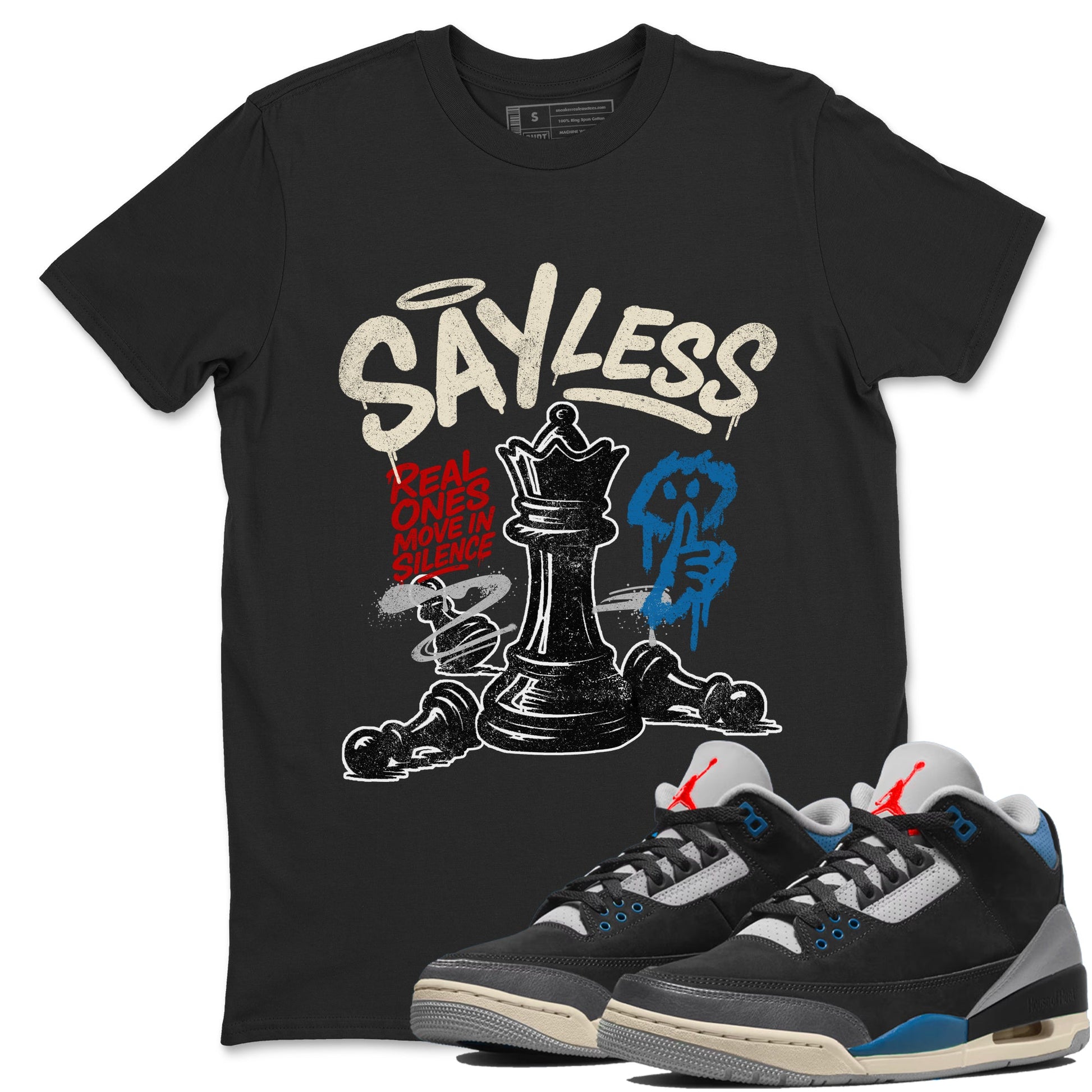 Say Less sneaker match t-shirt styled to complete your fit with the Air Jordan 3 Rare Air sneakers, shown in Black 1.