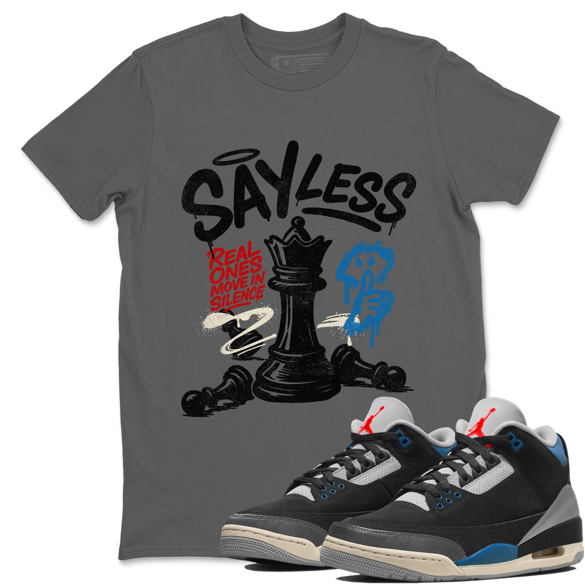 Say Less sneaker match t-shirt styled to complete your fit with the Air Jordan 3 Rare Air sneakers, shown in Cool Grey 1.