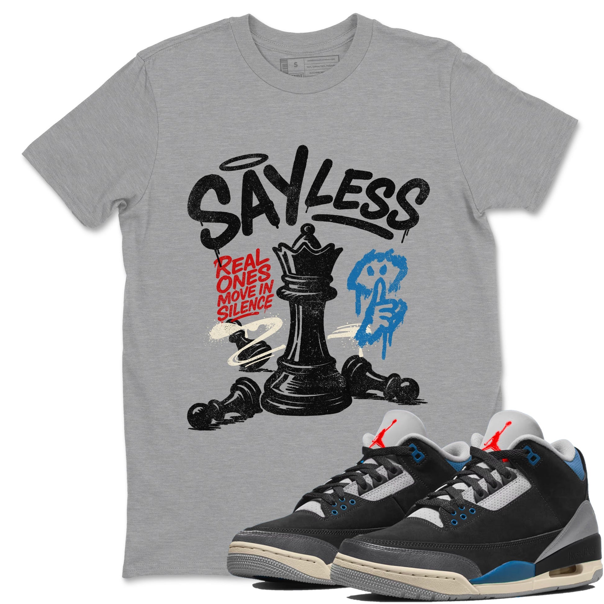 Say Less sneaker match t-shirt styled to complete your fit with the Air Jordan 3 Rare Air sneakers, shown in Heather Grey 1.