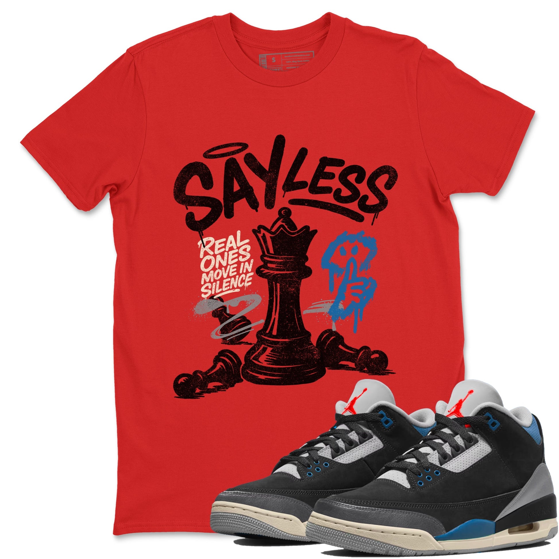 Say Less sneaker match t-shirt styled to complete your fit with the Air Jordan 3 Rare Air sneakers, shown in Red 1.