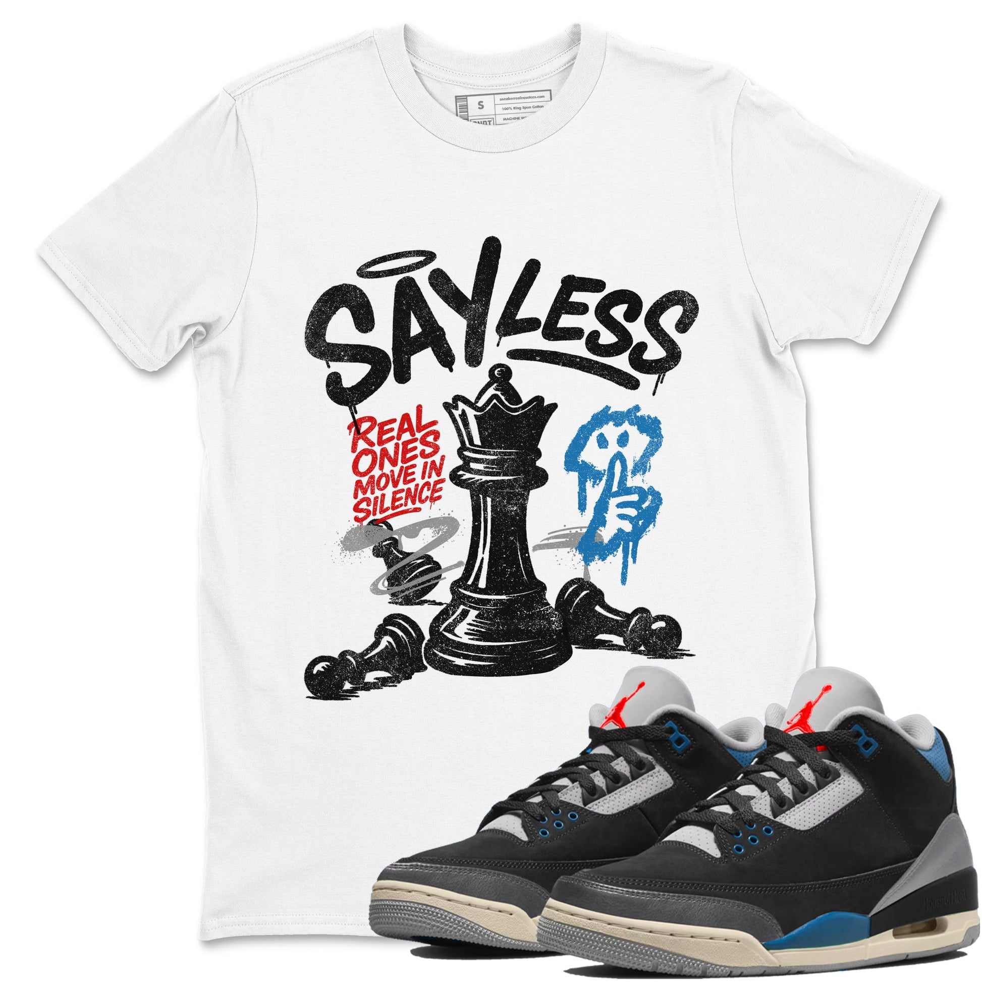 Say Less sneaker match t-shirt styled to complete your fit with the Air Jordan 3 Rare Air sneakers, shown in White 1.