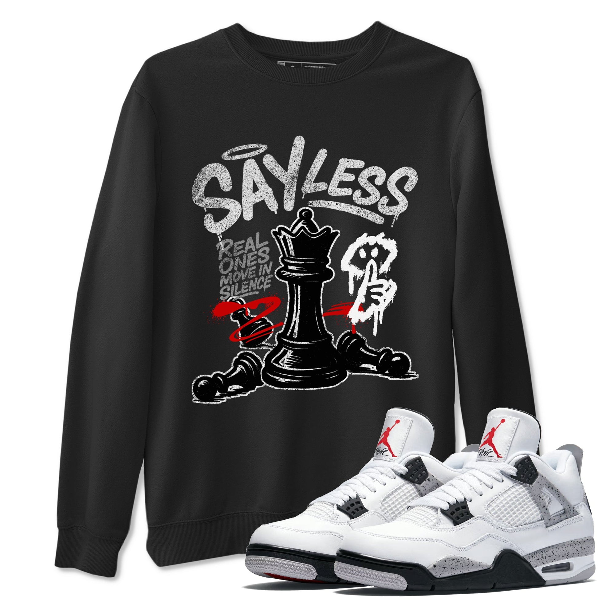 Say Less sneaker match t-shirt styled to complete your fit with the Air Jordan 4 White Cement sneakers, shown in Black 1.