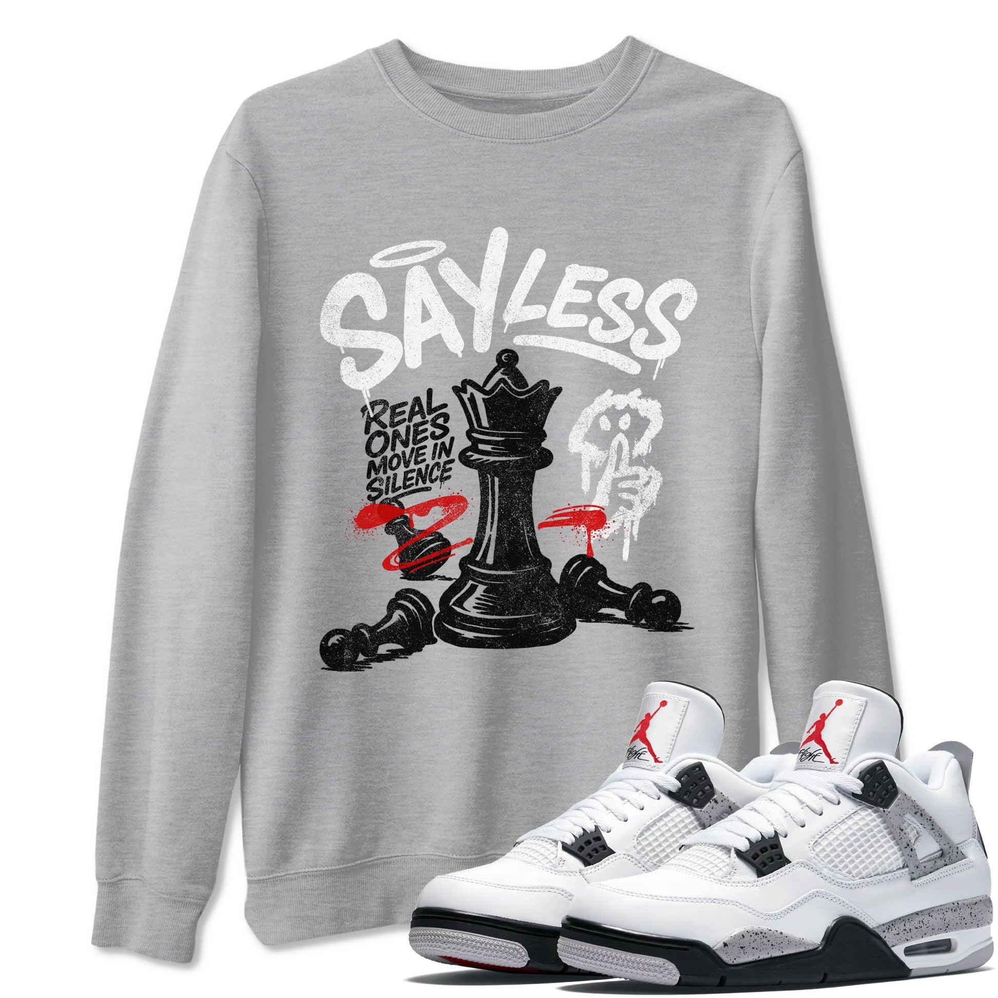 Say Less sneaker match t-shirt styled to complete your fit with the Air Jordan 4 White Cement sneakers, shown in Heather Grey 1.