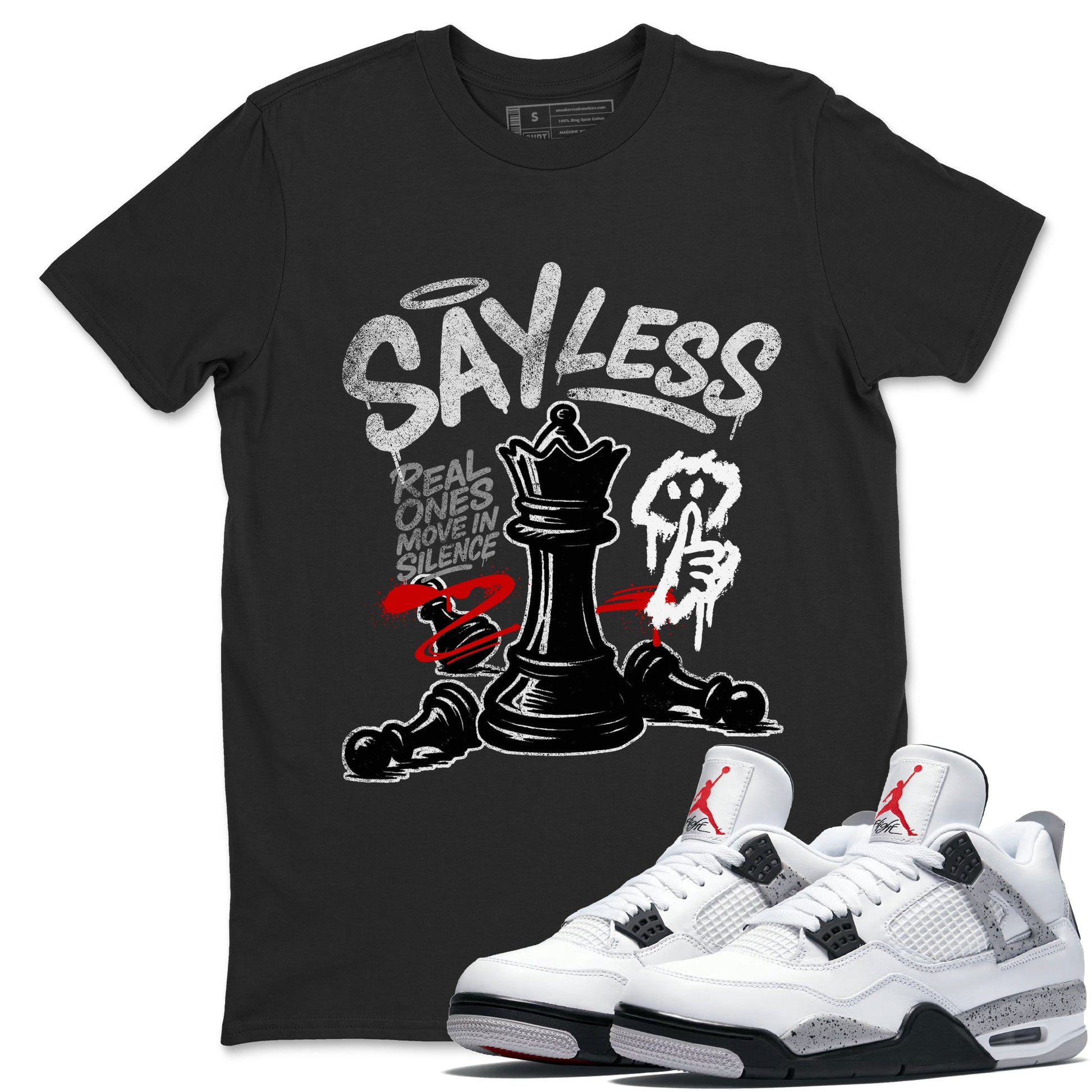 Say Less sneaker match t-shirt styled to complete your fit with the Air Jordan 4 White Cement sneakers, shown in Black 1.