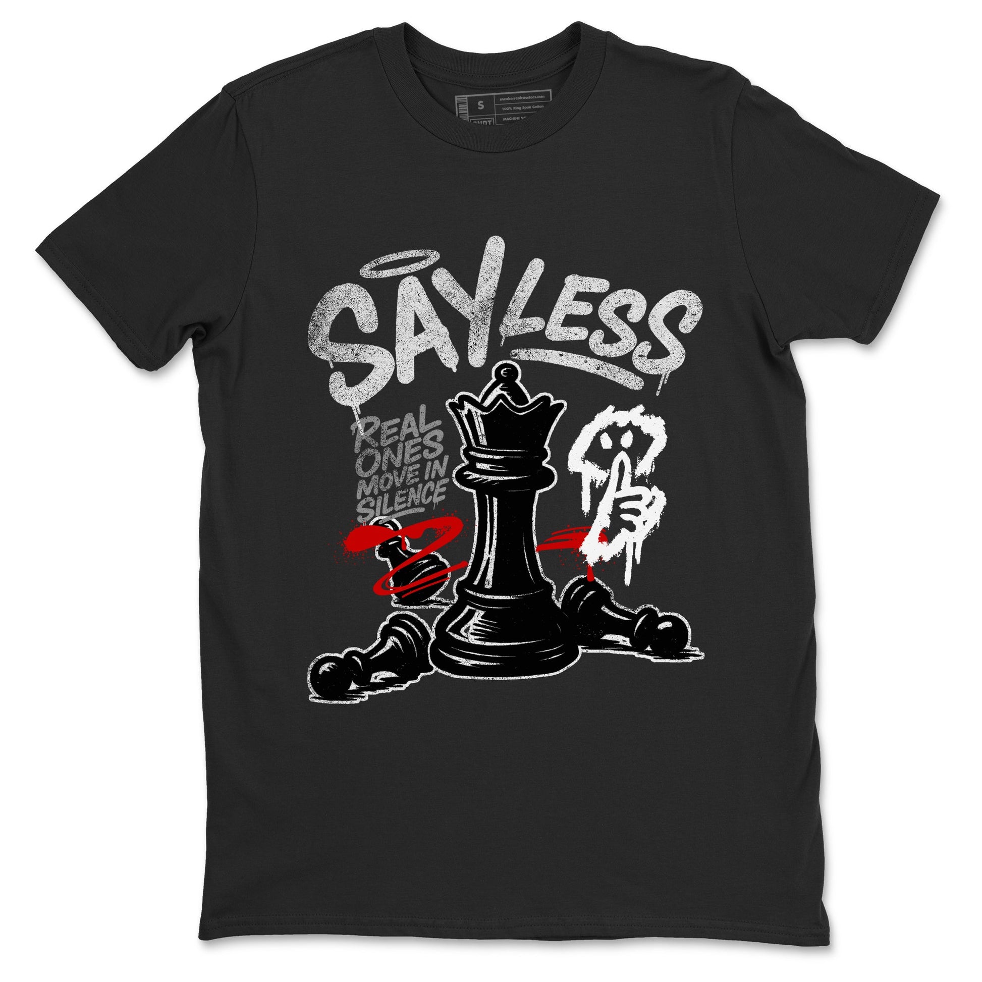 Say Less sneaker match t-shirt styled to complete your fit with the Air Jordan 4 White Cement sneakers, shown in Black 2.