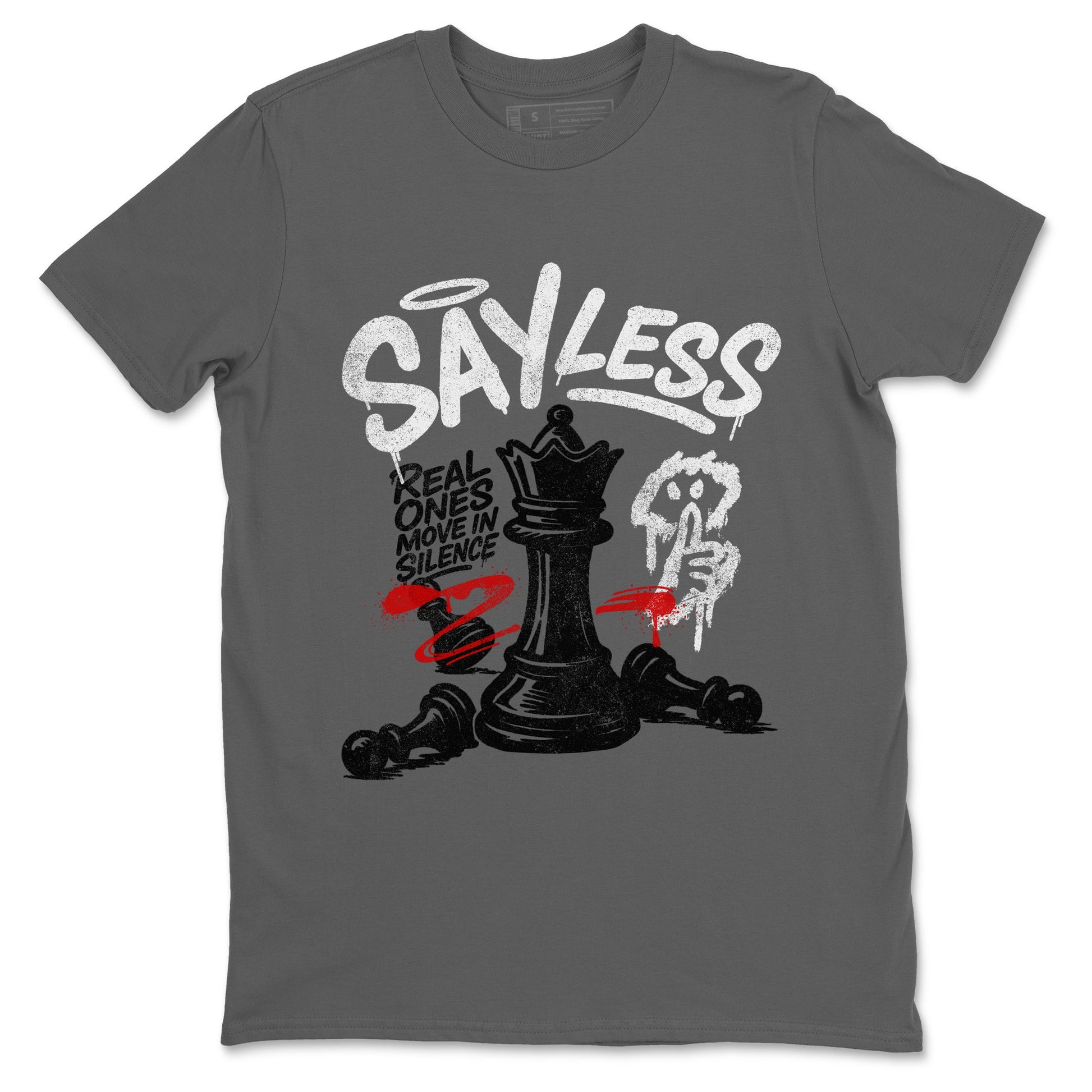 Say Less sneaker match t-shirt styled to complete your fit with the Air Jordan 4 White Cement sneakers, shown in Cool Grey 2.