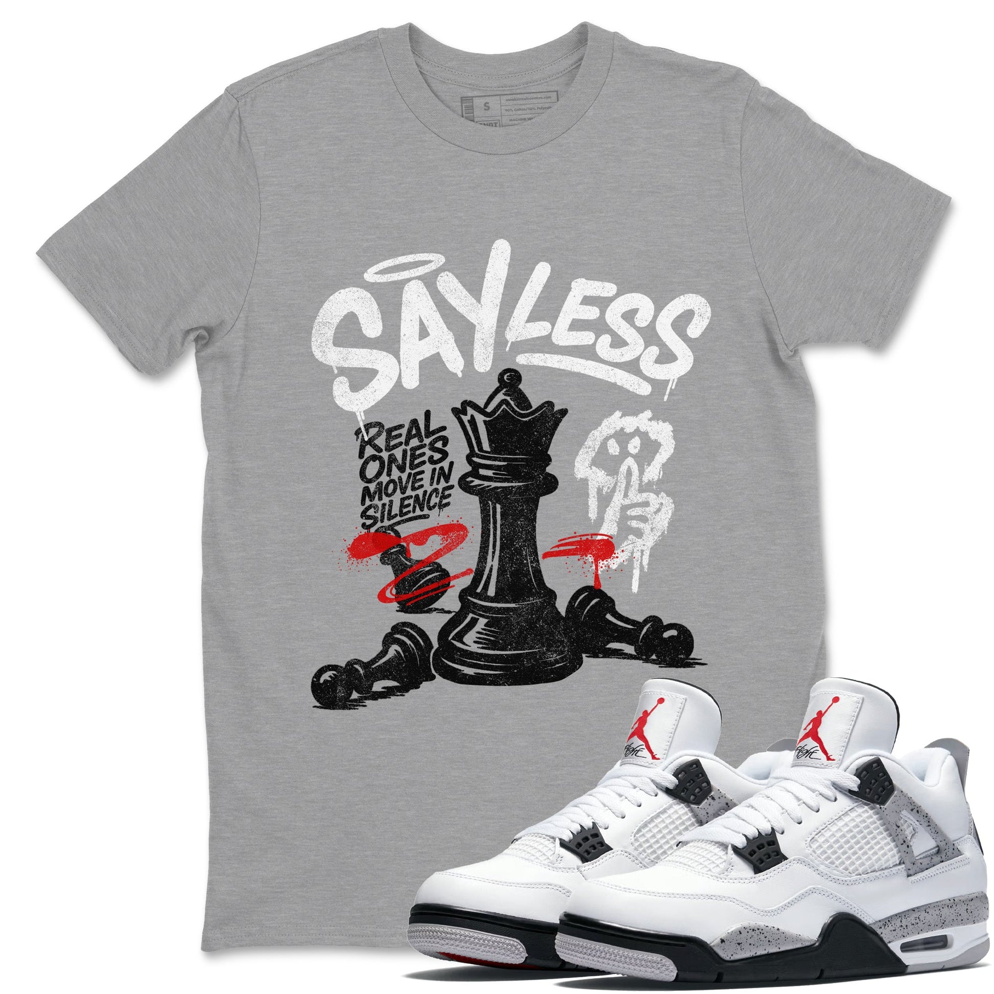 Say Less sneaker match t-shirt styled to complete your fit with the Air Jordan 4 White Cement sneakers, shown in Heather Grey 1.