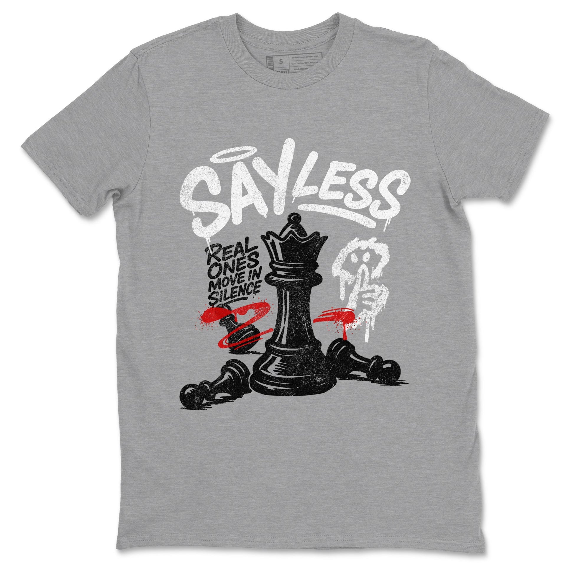 Say Less sneaker match t-shirt styled to complete your fit with the Air Jordan 4 White Cement sneakers, shown in Heather Grey 2.