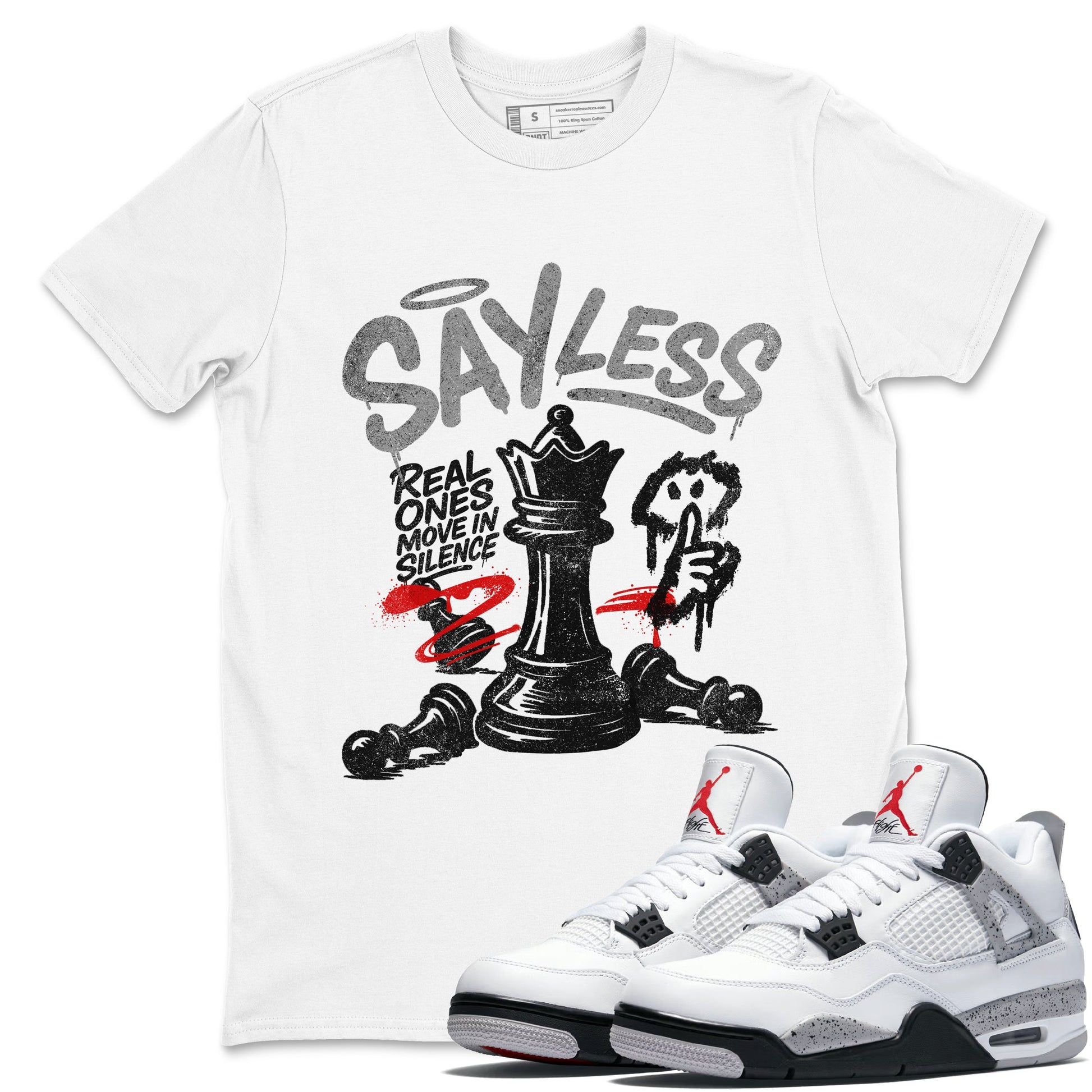 Say Less sneaker match t-shirt styled to complete your fit with the Air Jordan 4 White Cement sneakers, shown in White 1.
