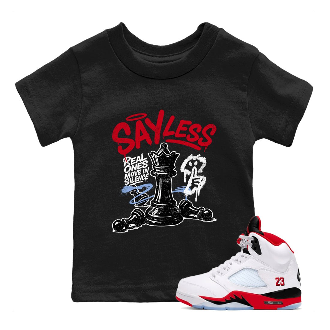 Sneaker match tees – Sneaker Tees To Match Air Jordan 5 Fire Red Shoes – Say Less Kids T-Shirt Black 1