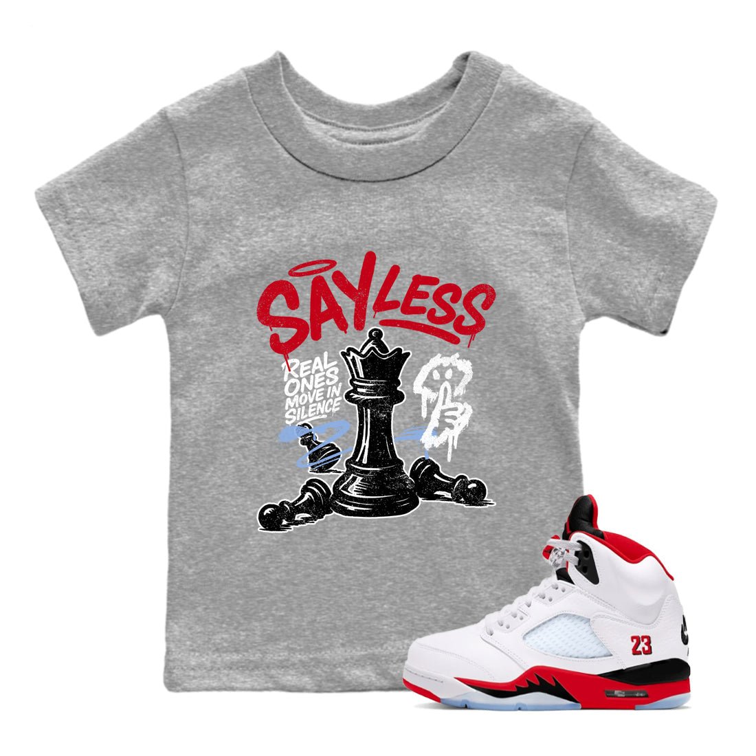 Sneaker match tees – Sneaker Tees To Match Air Jordan 5 Fire Red Shoes – Say Less Kids T-Shirt Heather Grey 1
