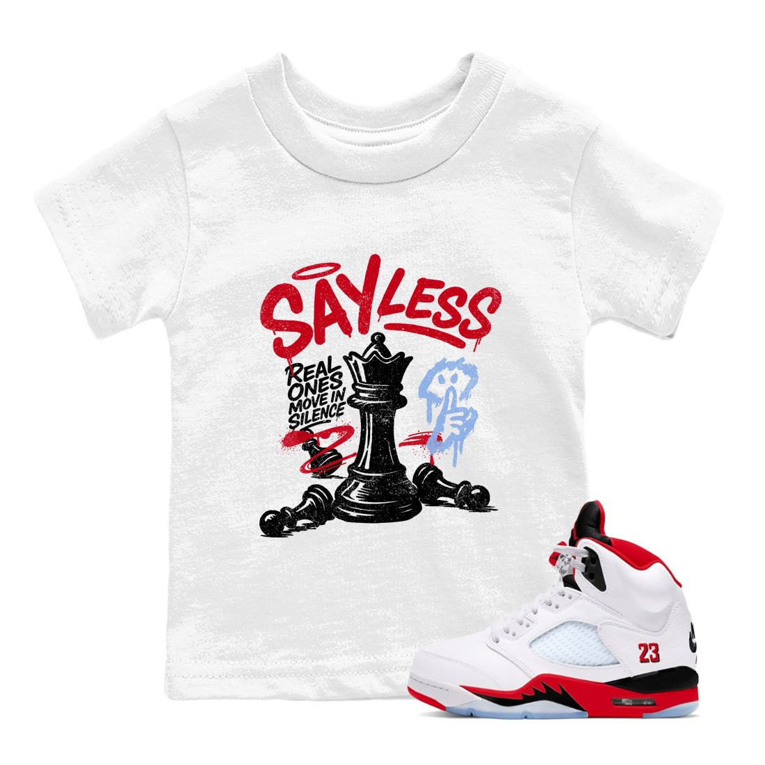 Sneaker match tees – Sneaker Tees To Match Air Jordan 5 Fire Red Shoes – Say Less Kids T-Shirt White 1