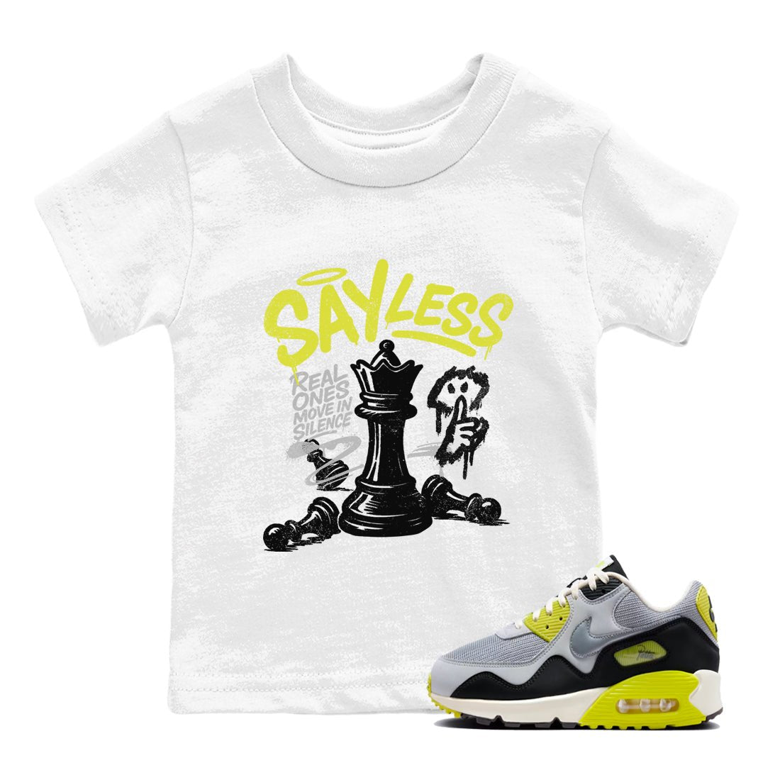 Say Less baby and kids t-shirt crafted for little sneakerheads to shine with the Air Max 90 Cyber sneakers, displayed in White 1.
