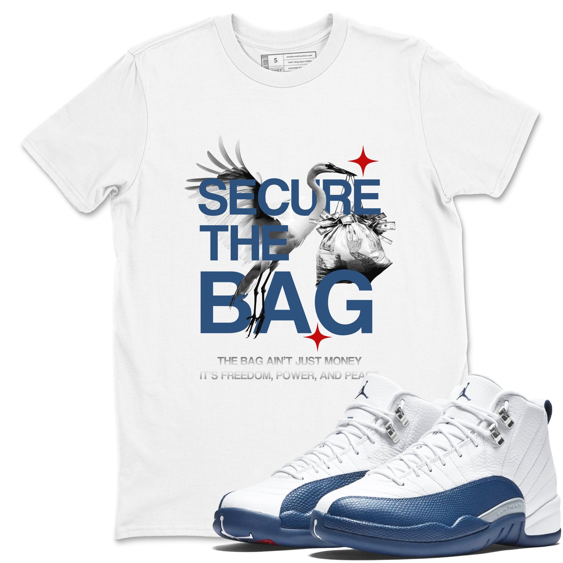 Sneaker match tees – Sneaker Tees To Match Air Jordan 12 French Blue Shoes – Secure The Bag Tee White 1