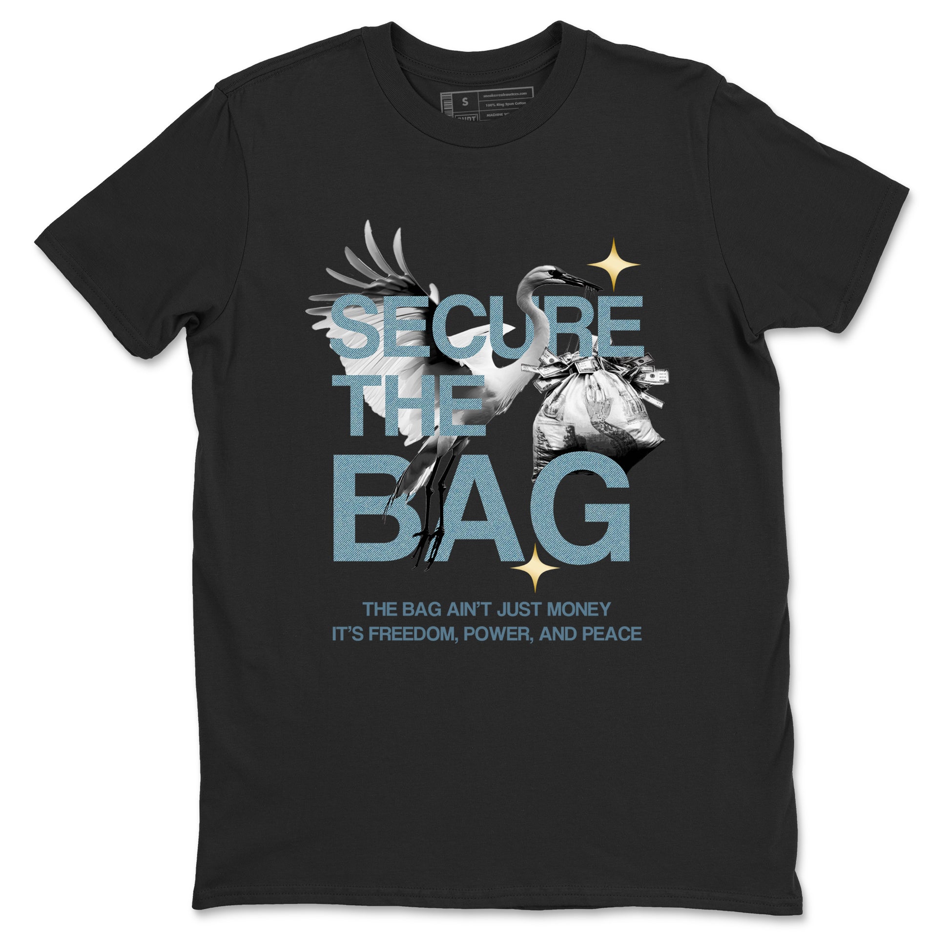 Black t-shirt with graphic design and text on a white background