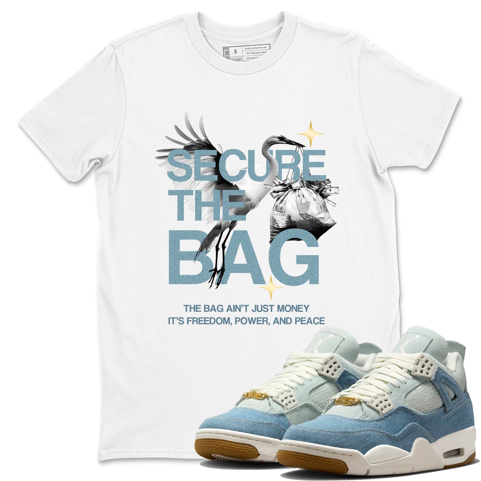 White t-shirt with graphic design and blue sneakers on a white background