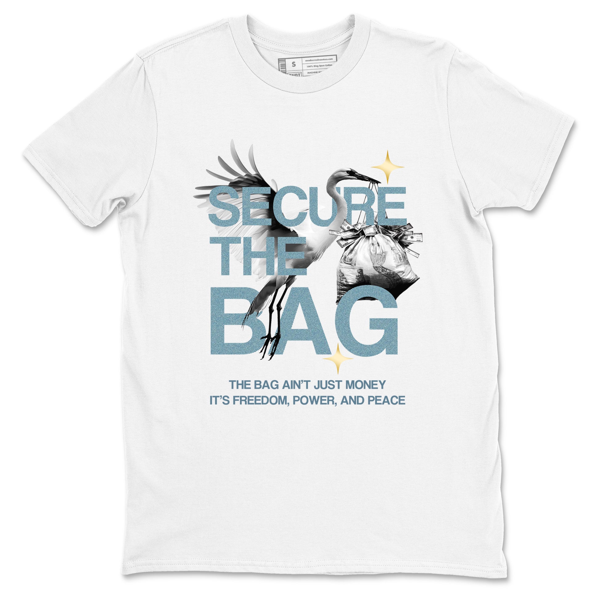 White t-shirt with graphic design and text 'Secure the Bag' on a white background