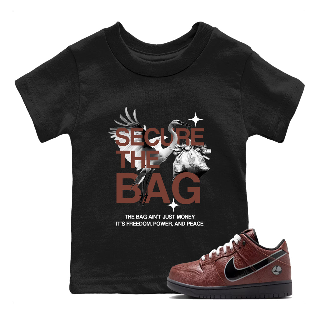 Sneaker match tees – Sneaker Tees To Match Dunk Low Football Shoes – Secure The Bag Kids T-Shirt Black 1