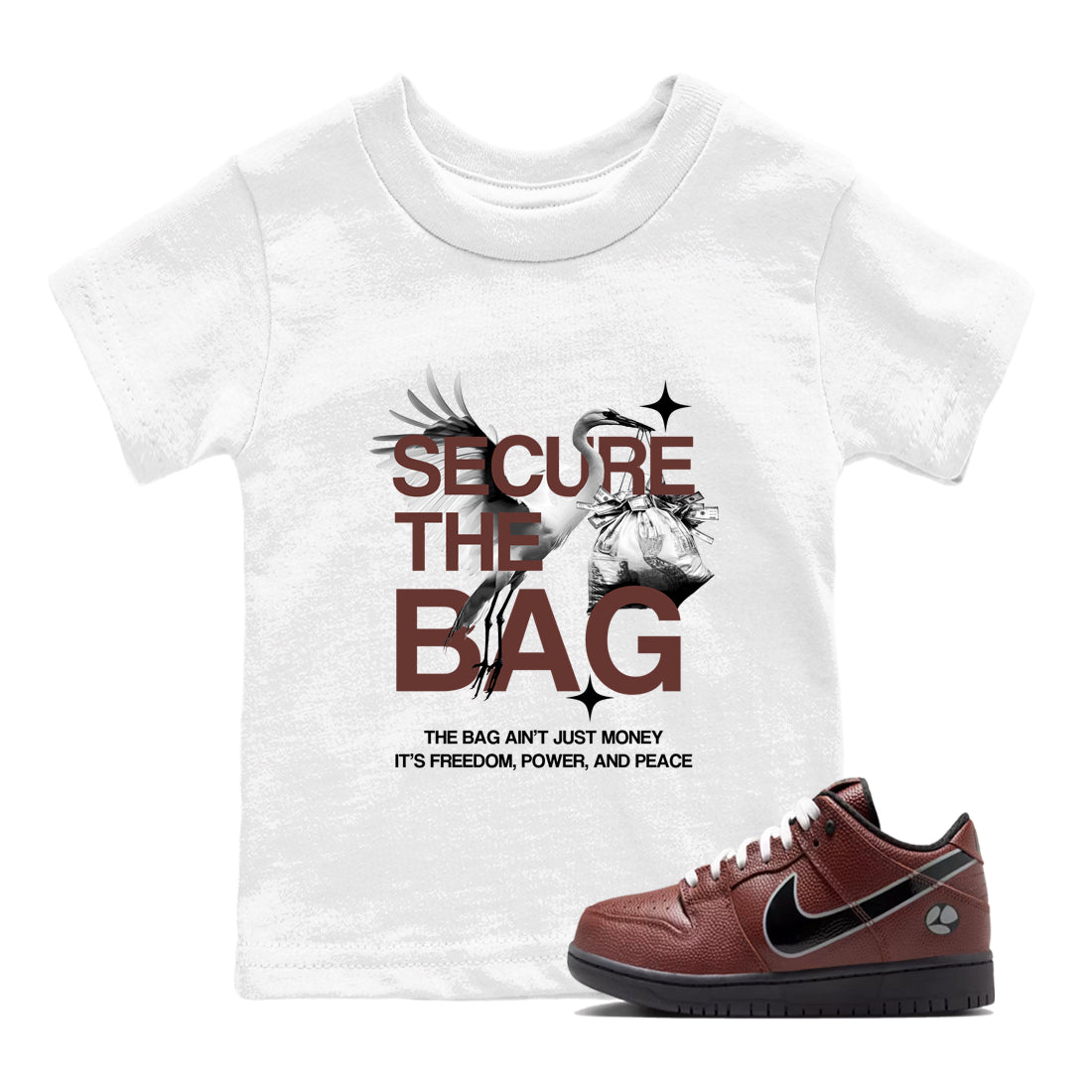 Sneaker match tees – Sneaker Tees To Match Dunk Low Football Shoes – Secure The Bag Kids T-Shirt White 1