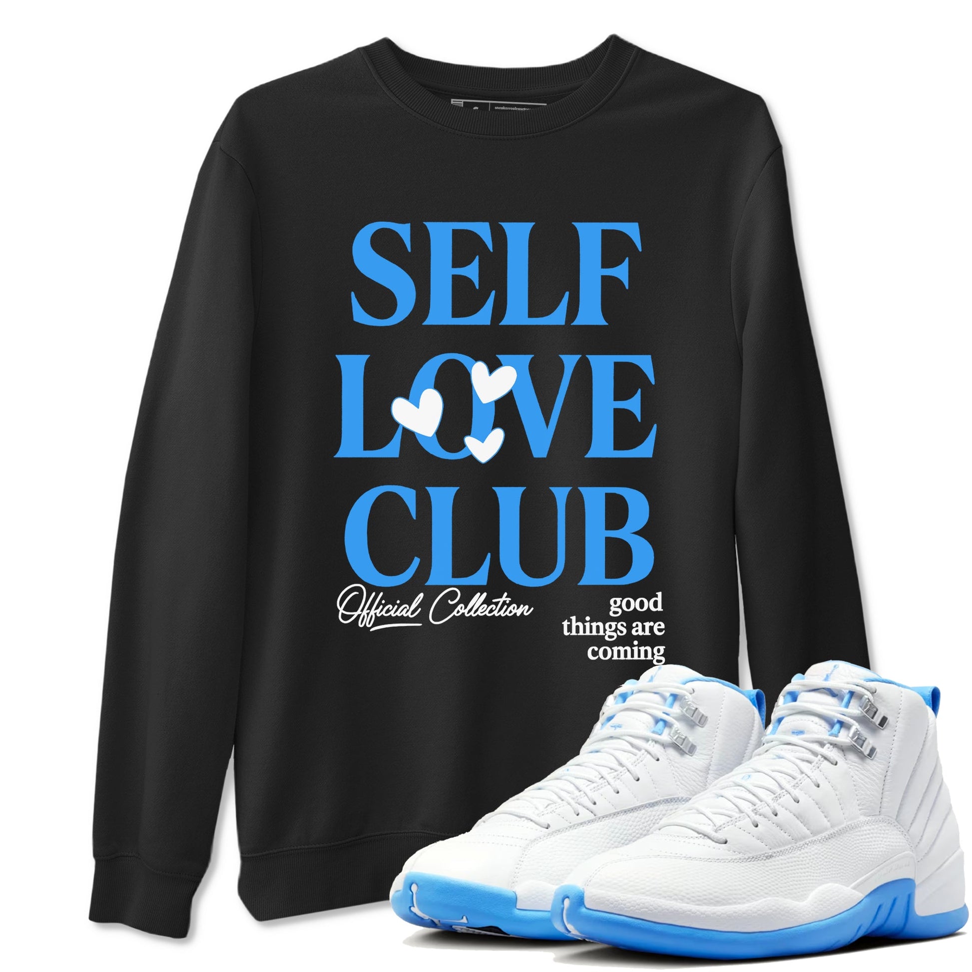 Self Love Club sneaker match t-shirt styled to complete your fit with the Air Jordan 12 White and University Blue sneakers, shown in Black 1.