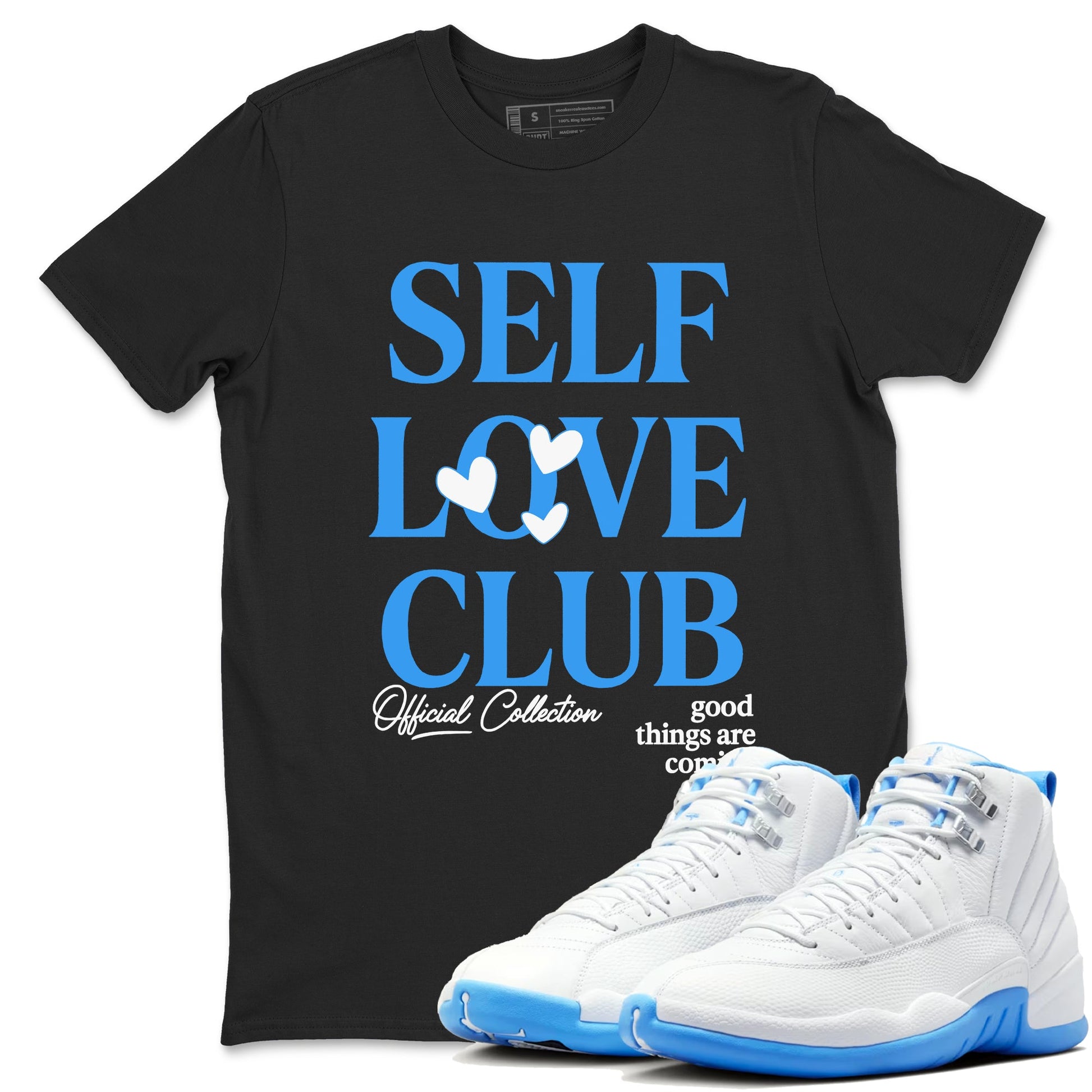 Self Love Club sneaker match t-shirt styled to complete your fit with the Air Jordan 12 White and University Blue sneakers, shown in Black 1.