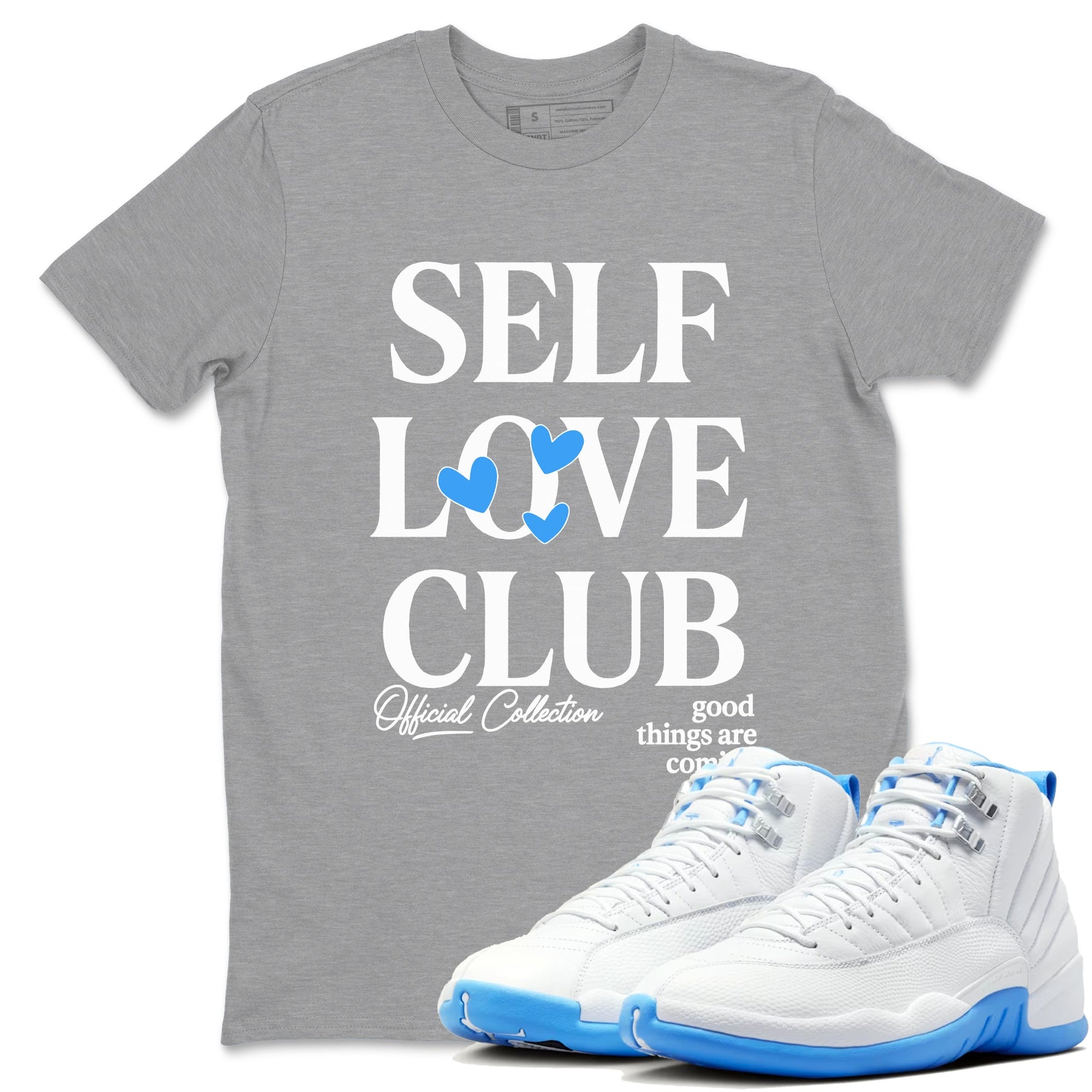 Self Love Club sneaker match t-shirt styled to complete your fit with the Air Jordan 12 White and University Blue sneakers, shown in Heather Grey 1.