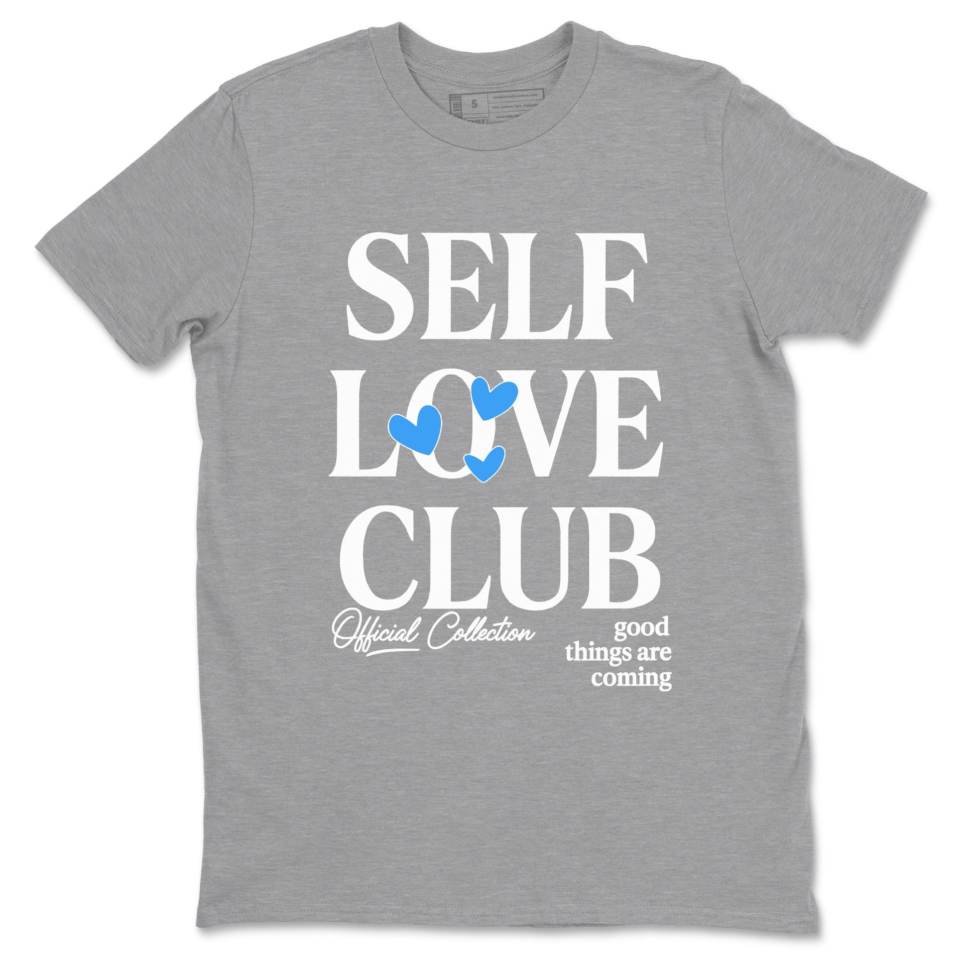 Self Love Club sneaker match t-shirt styled to complete your fit with the Air Jordan 12 White and University Blue sneakers, shown in Heather Grey 2.