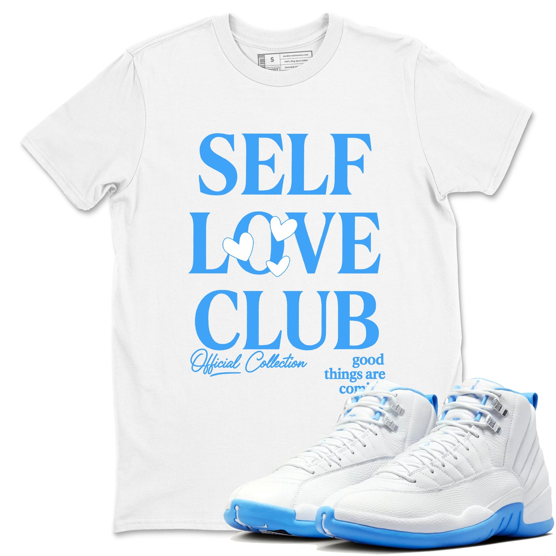 Self Love Club sneaker match t-shirt styled to complete your fit with the Air Jordan 12 White and University Blue sneakers, shown in White 1.