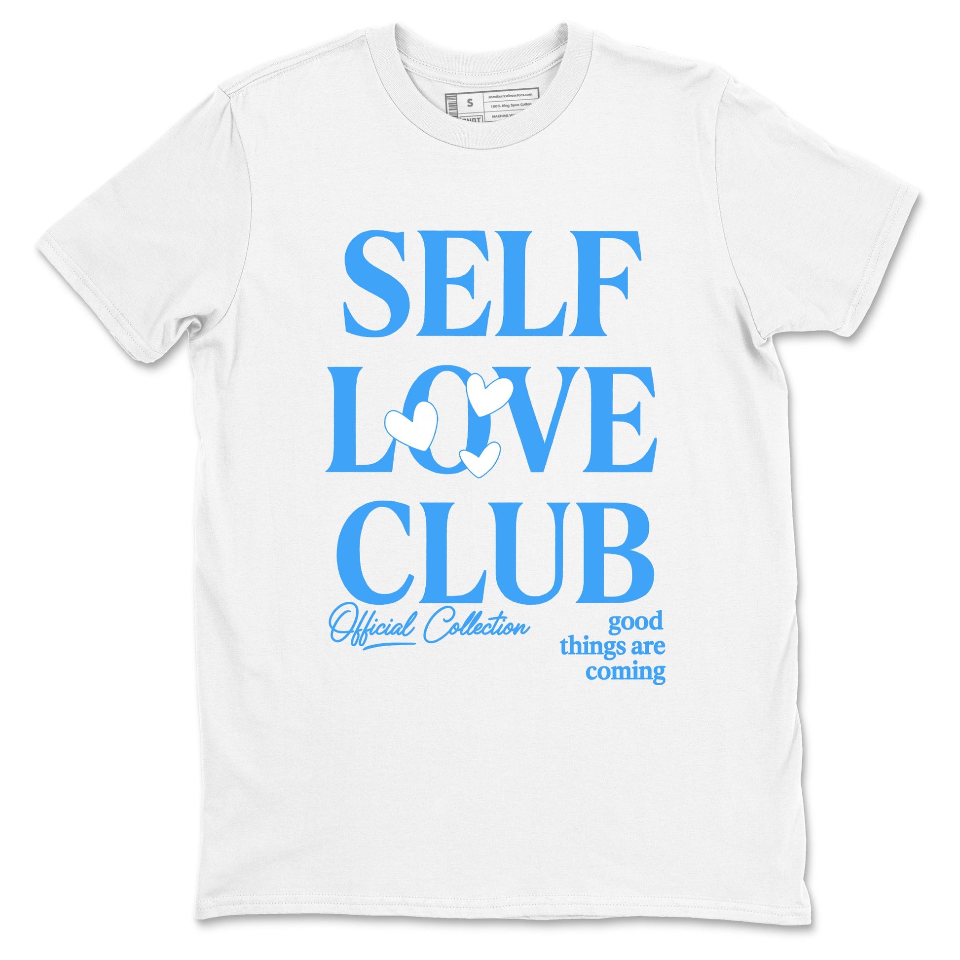 Self Love Club sneaker match t-shirt styled to complete your fit with the Air Jordan 12 White and University Blue sneakers, shown in White 2.