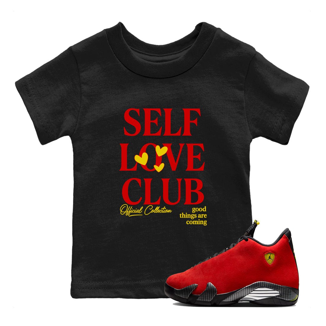 Self Love Club baby and kids t-shirt crafted for little sneakerheads to shine with the Air Jordan 14 Challenge Red sneakers, displayed in Black 1.