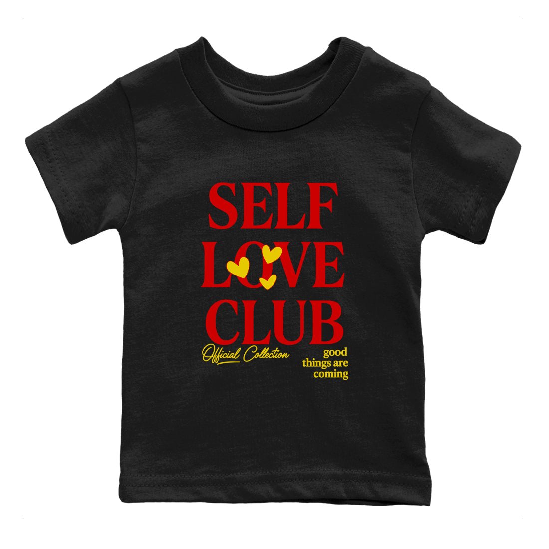 Self Love Club baby and kids t-shirt crafted for little sneakerheads to shine with the Air Jordan 14 Challenge Red sneakers, displayed in Black 2.
