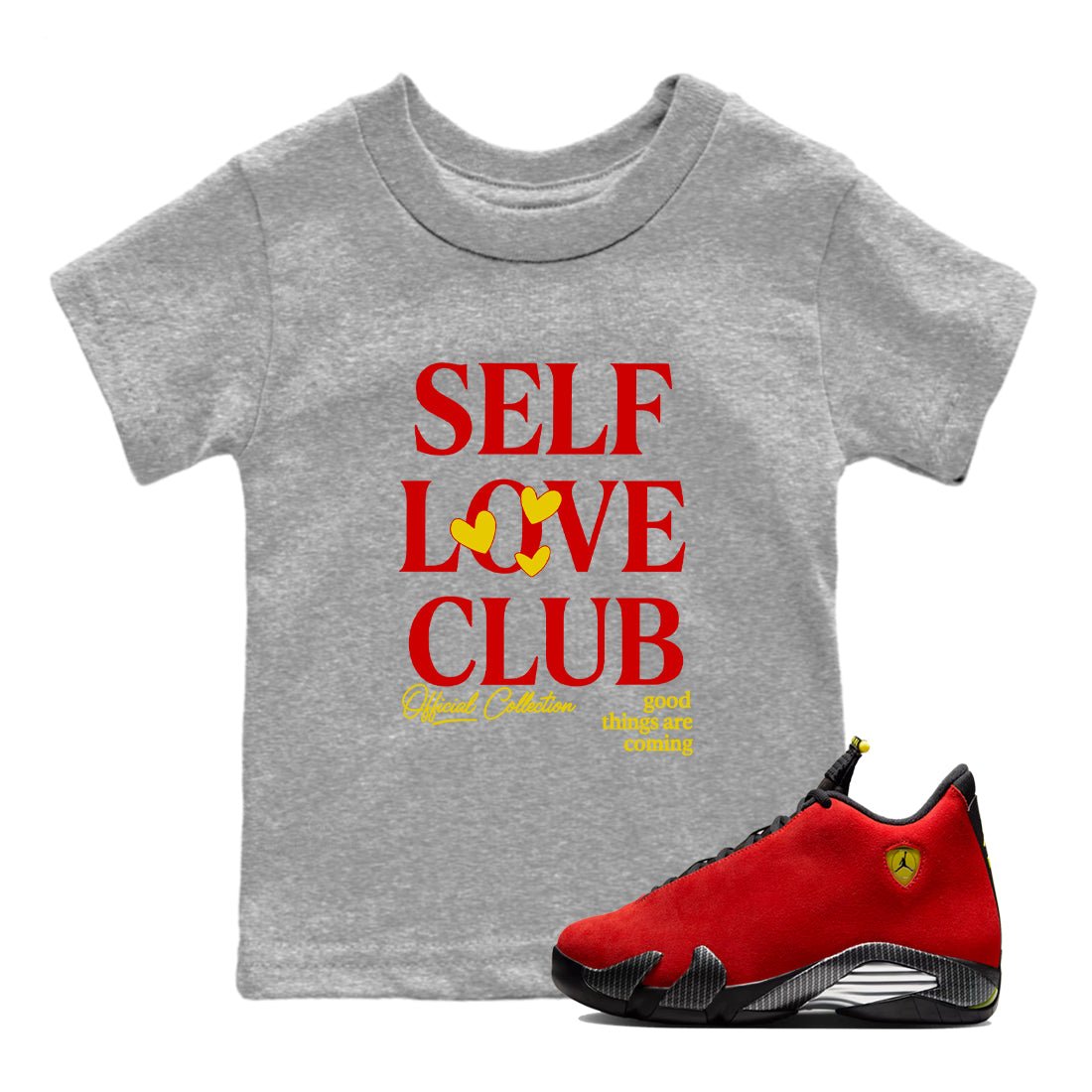 Self Love Club baby and kids t-shirt crafted for little sneakerheads to shine with the Air Jordan 14 Challenge Red sneakers, displayed in Heather Grey 1.