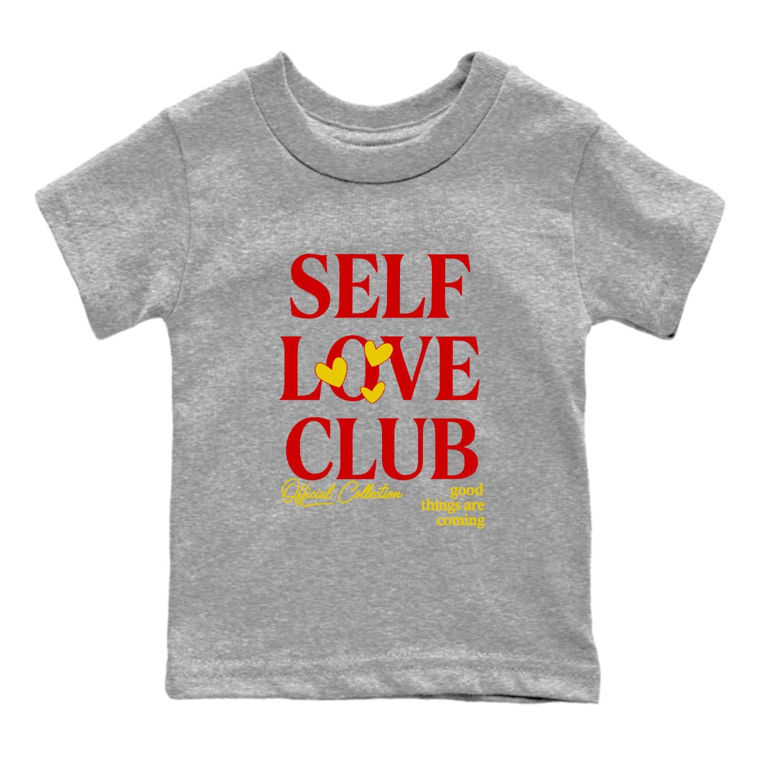 Self Love Club baby and kids t-shirt crafted for little sneakerheads to shine with the Air Jordan 14 Challenge Red sneakers, displayed in Heather Grey 2.