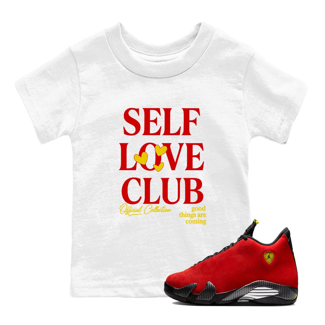 Self Love Club baby and kids t-shirt crafted for little sneakerheads to shine with the Air Jordan 14 Challenge Red sneakers, displayed in White 1.