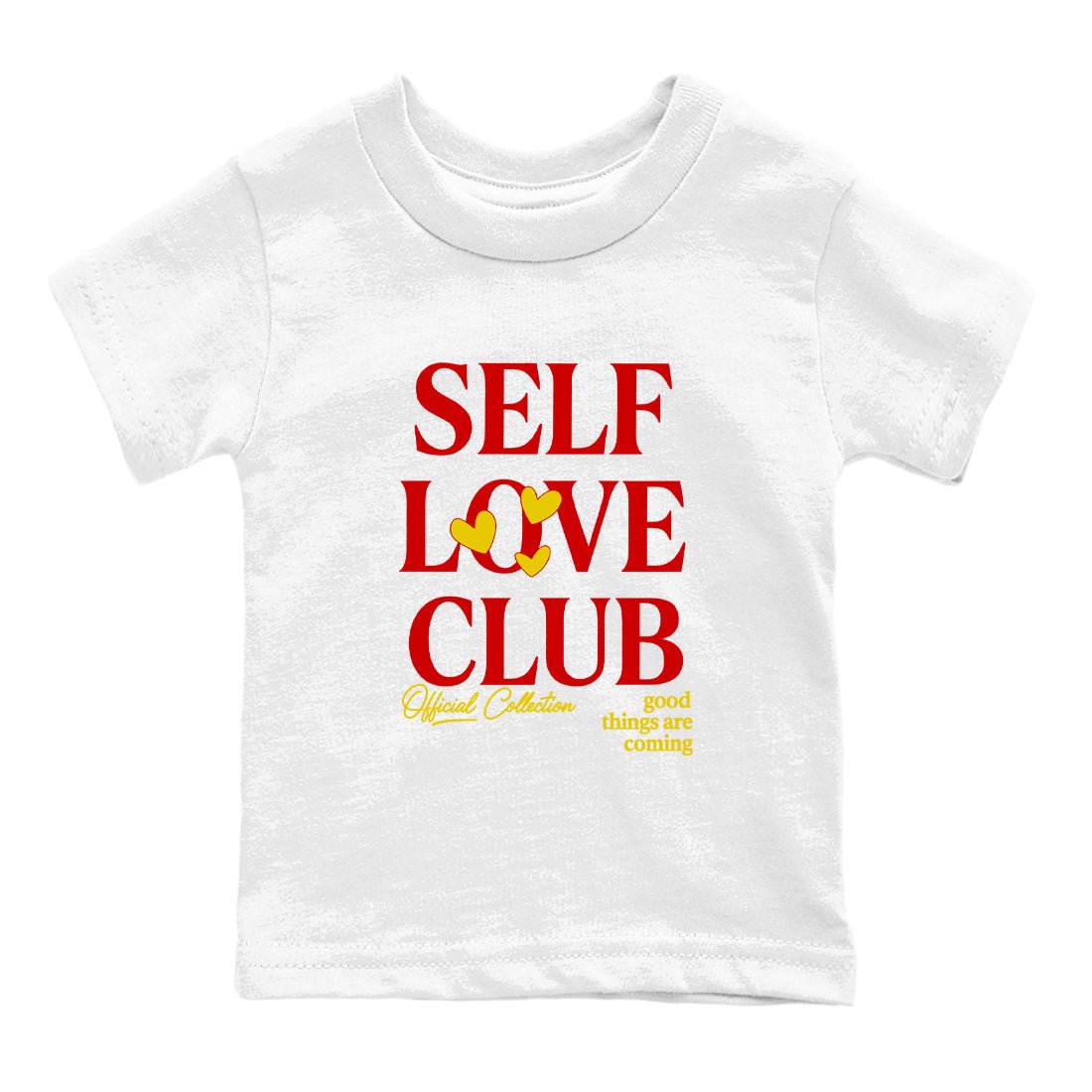 Self Love Club baby and kids t-shirt crafted for little sneakerheads to shine with the Air Jordan 14 Challenge Red sneakers, displayed in White 2.