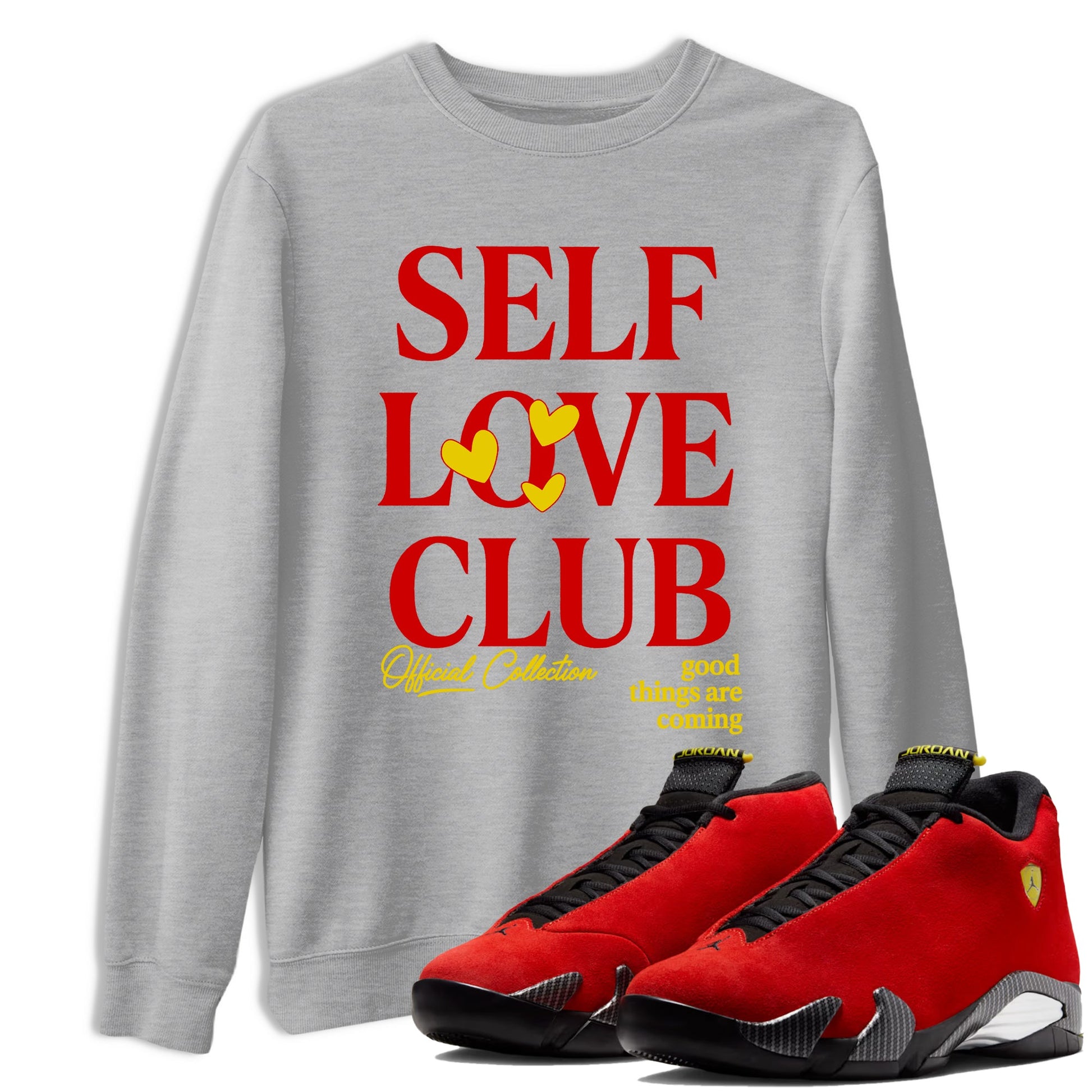 Self Love Club sneaker match t-shirt styled to complete your fit with the Air Jordan 14 Challenge Red sneakers, shown in Heather Grey 1.